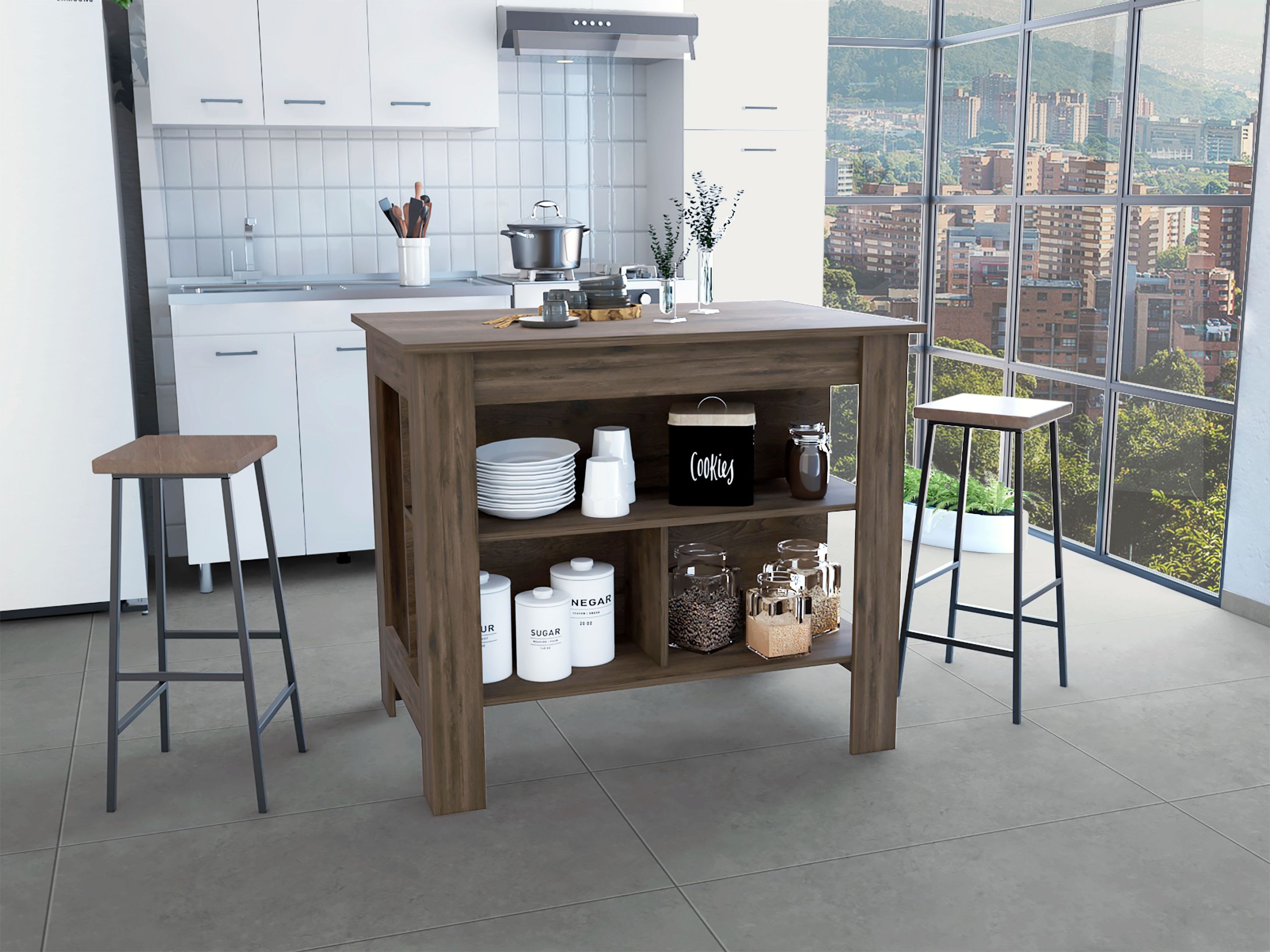 Delos Kitchen Island, Dark Brown, 3 Shelves | DEPOT