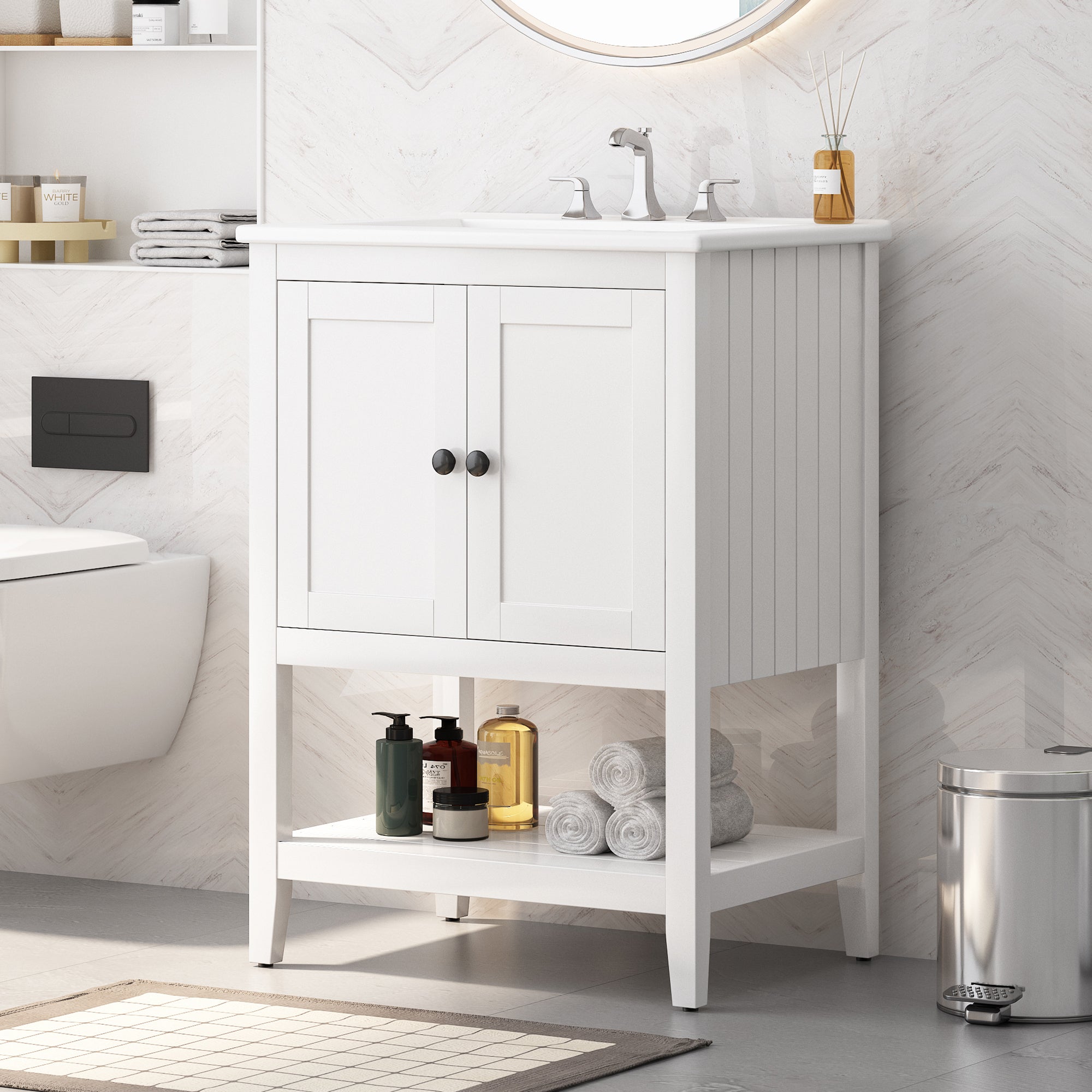 Modern White Bathroom Vanity with Ceramic Sink