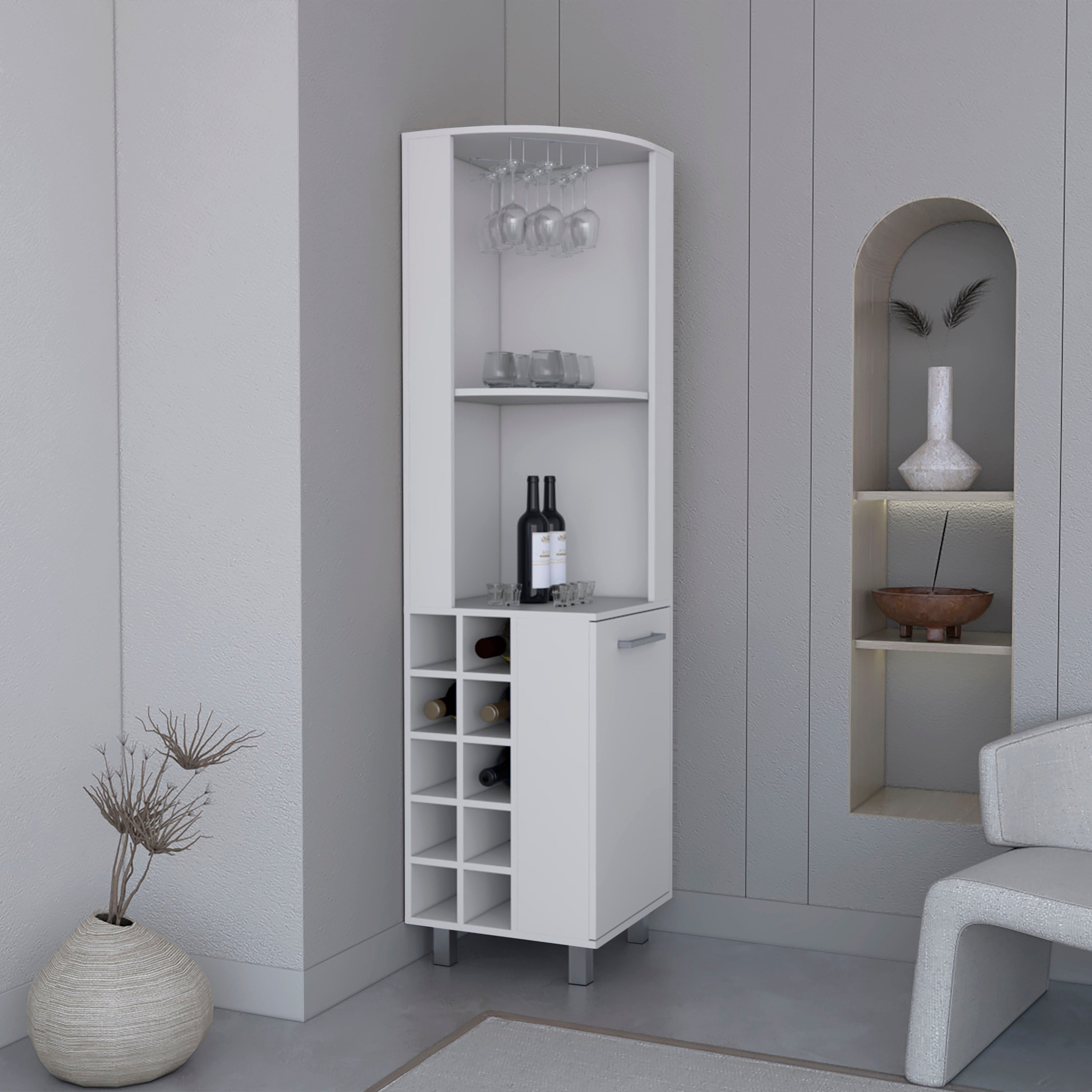 Kaia 70" Corner Bar Cabinet: White, 4 Shelves, 10 Wine Bottles