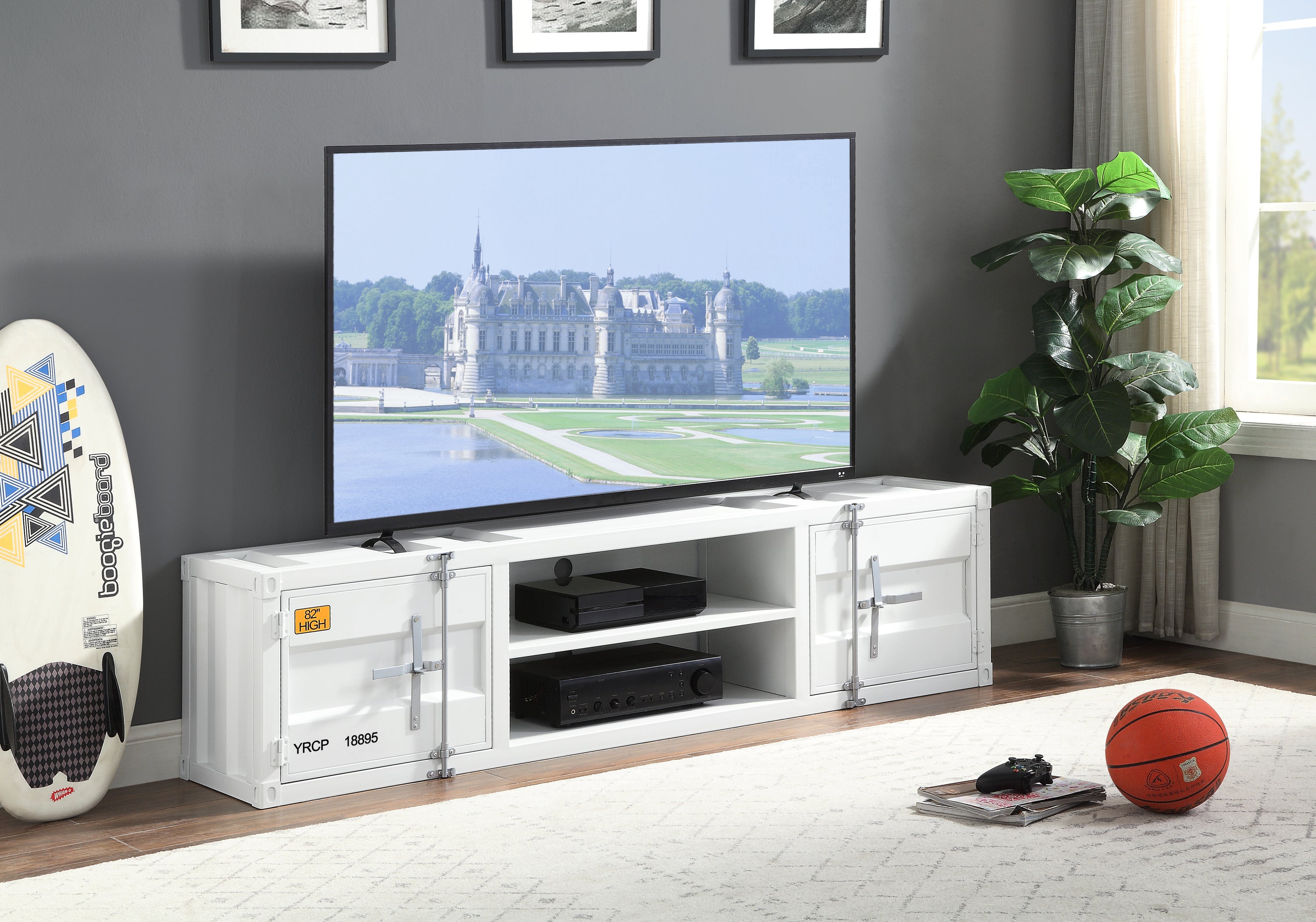 White 2-Door 2-Shelf TV Stand with Container Lock