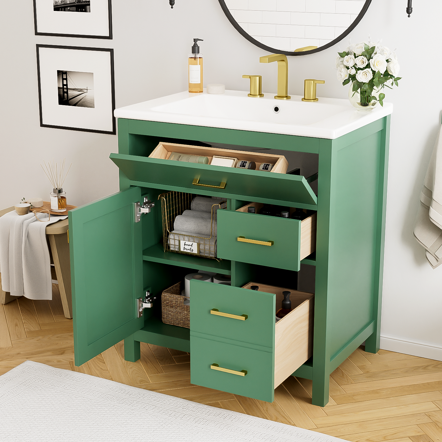 30" Green Bathroom Vanity: Small Space Storage Solution