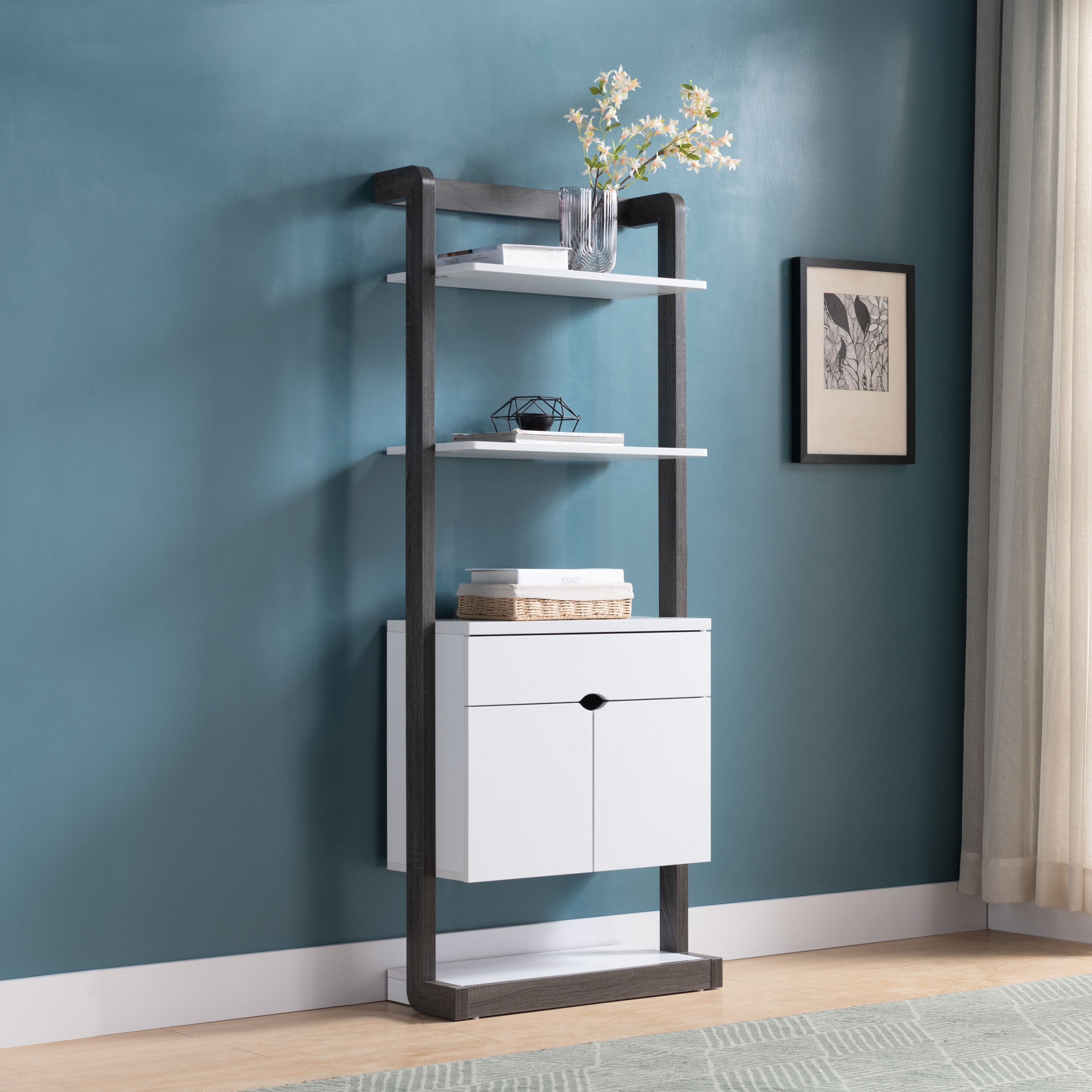 Modern White & Grey Bookcase with Drawers