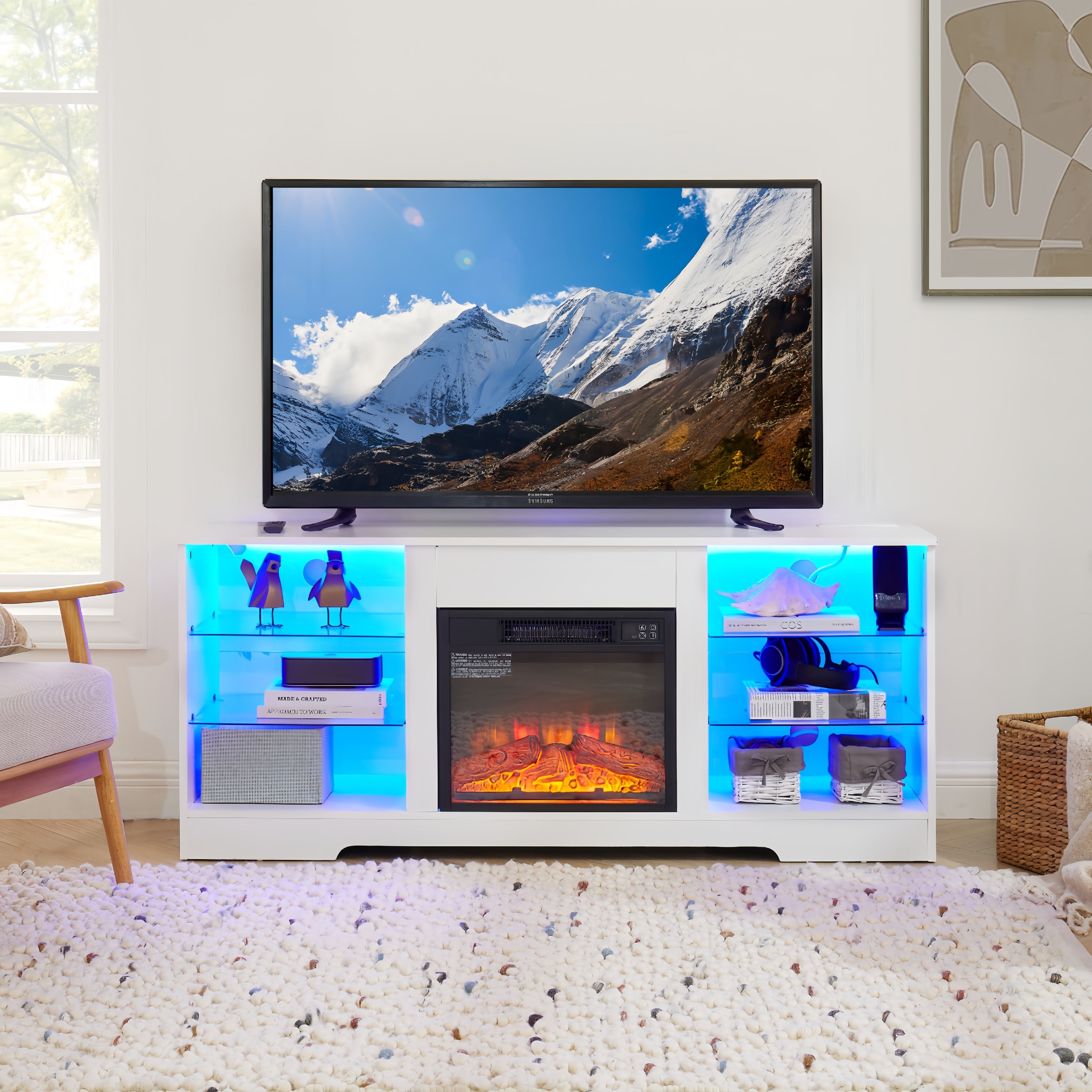 58" White TV Stand with Electric Fireplace & USB
