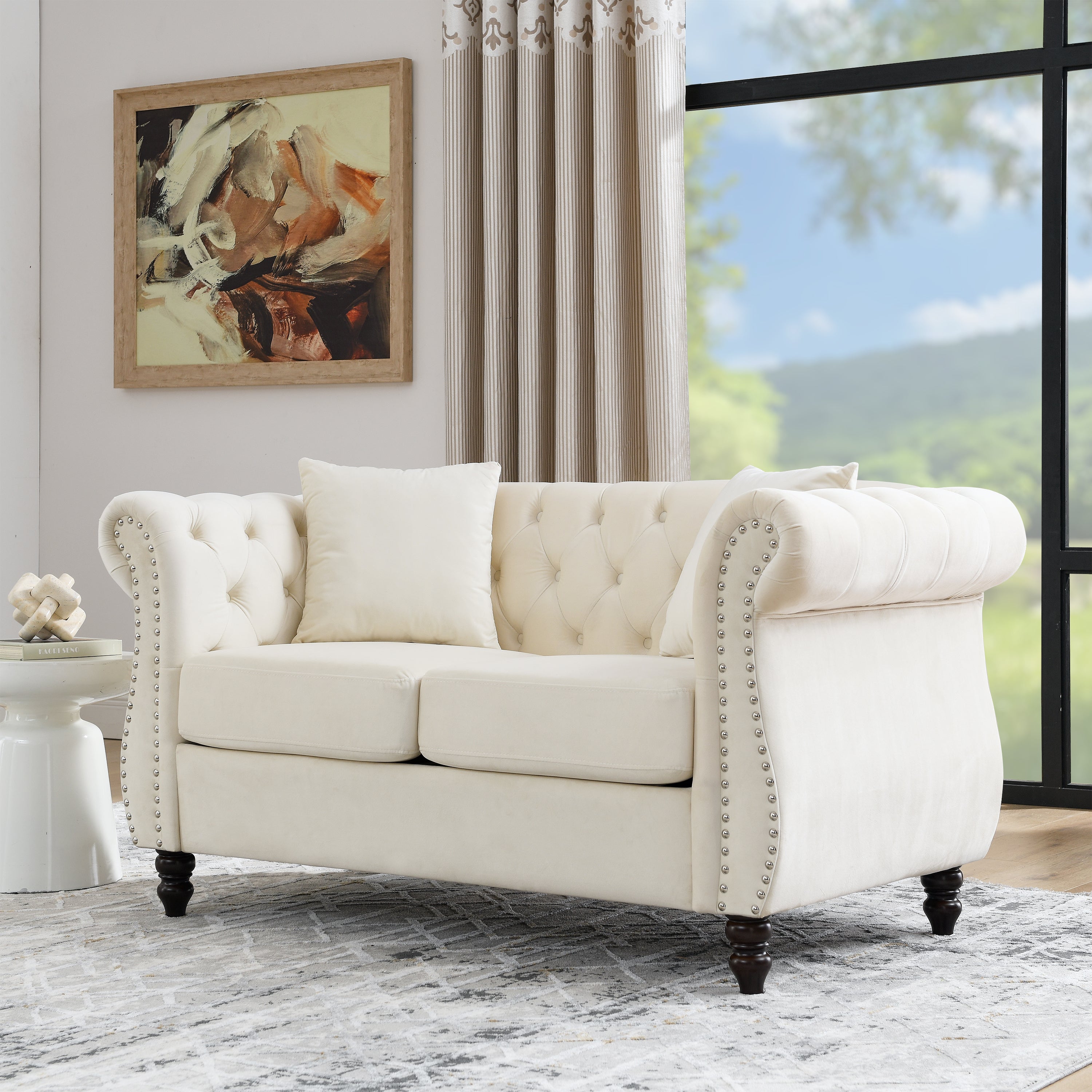 Beige Velvet Chesterfield Sofa: 2-Seater Tufted Couch