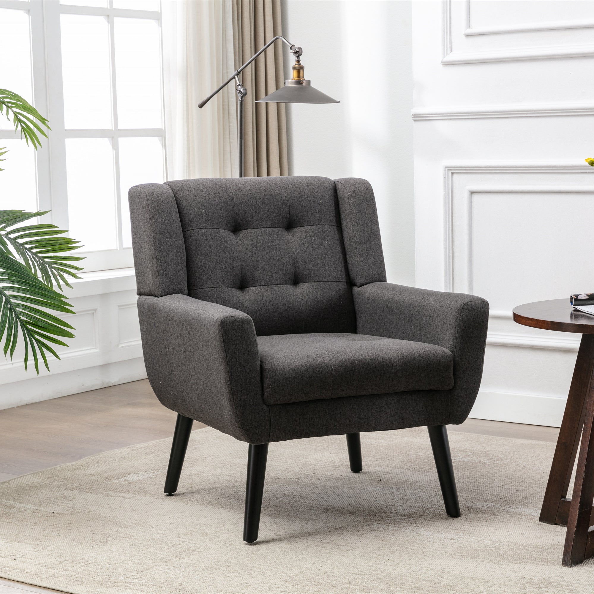 Modern Linen Accent Chair: Black Legs, Ergonomic