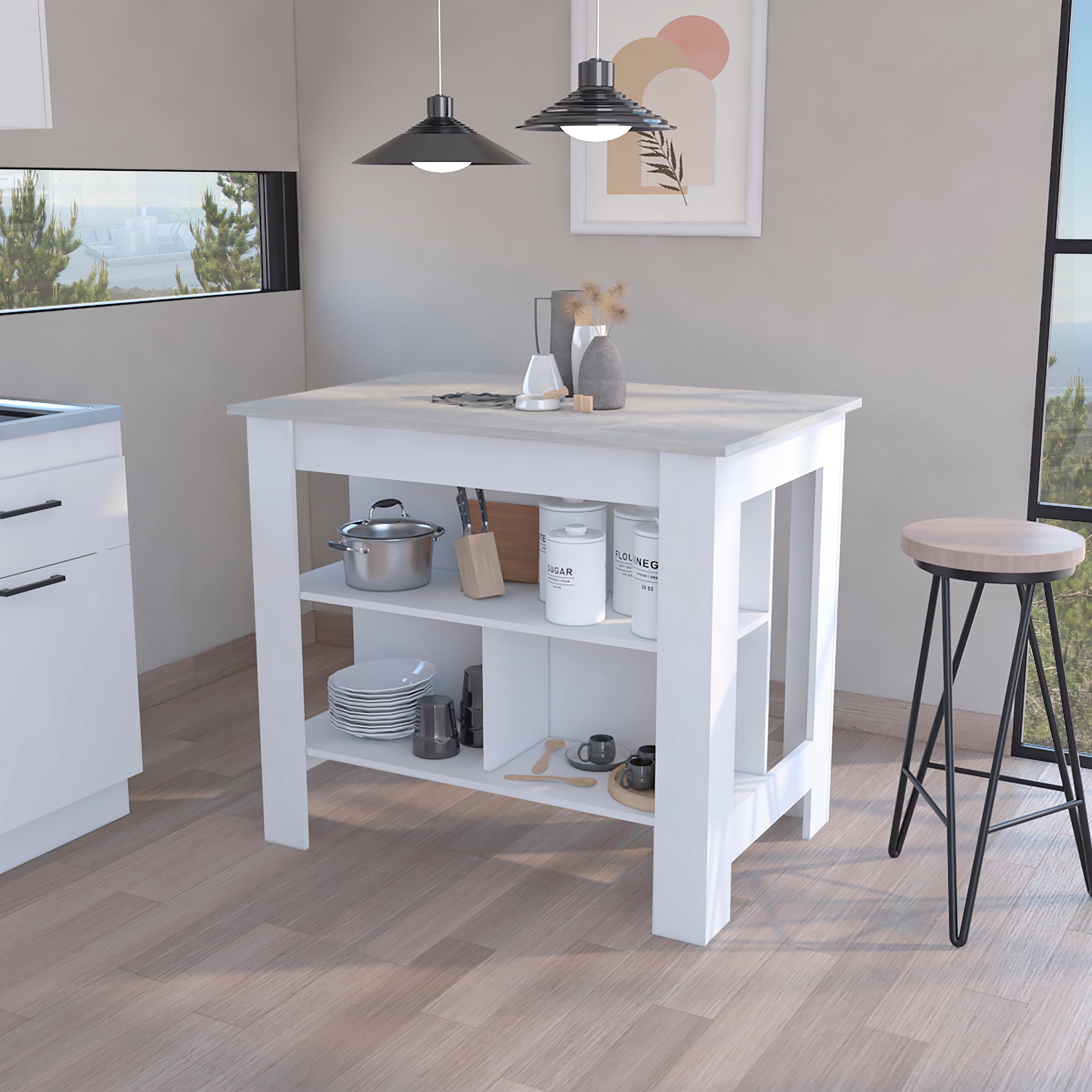 Dozza Kitchen Island, 3 Shelves, White/Marble