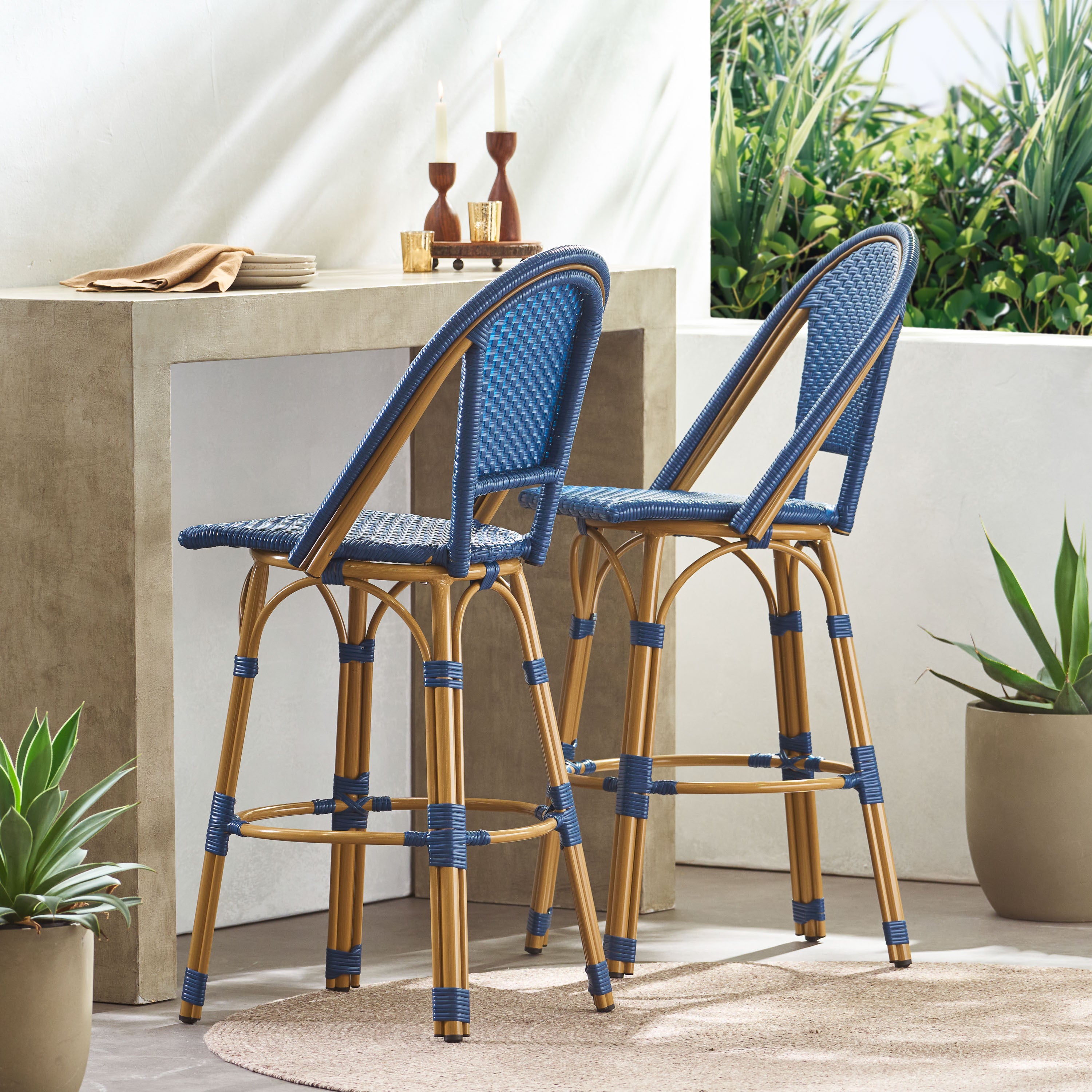 Navy Blue Rattan Bar Stools (Set of 2)