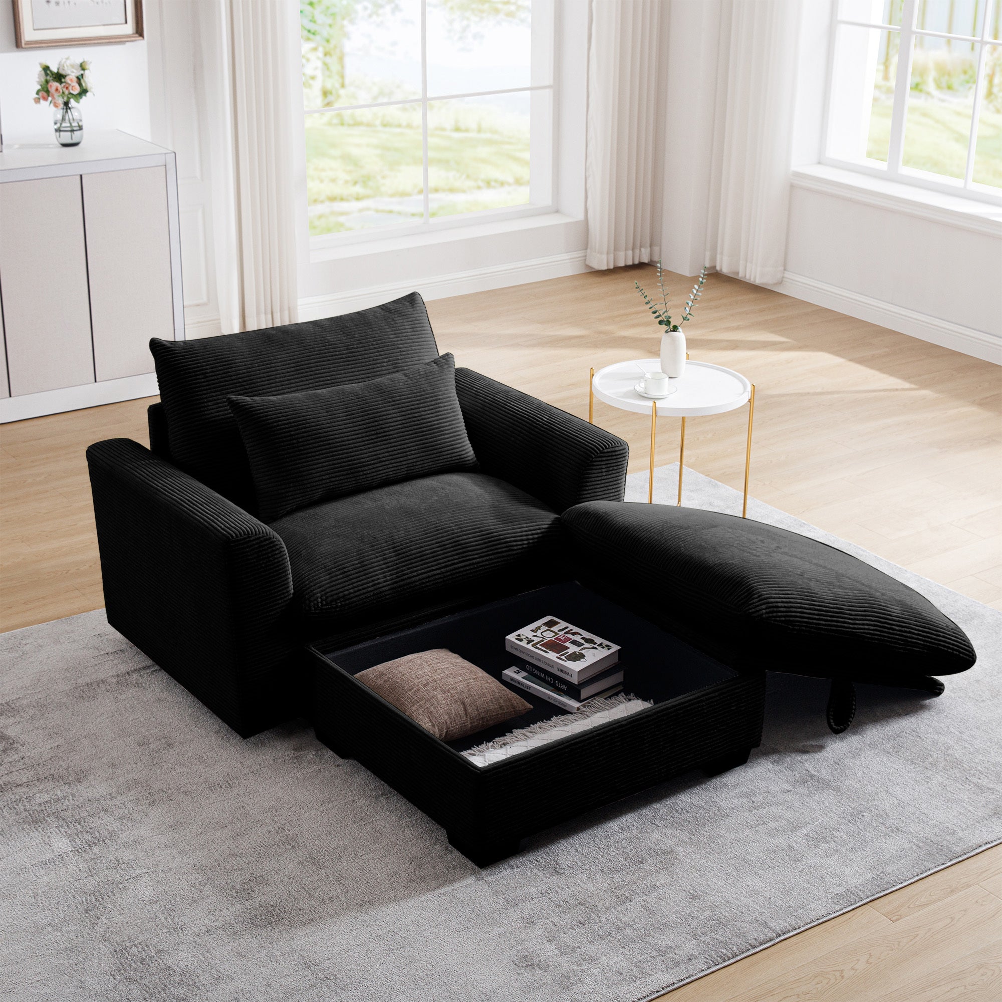 Black Corduroy Modular Sofa with Storage