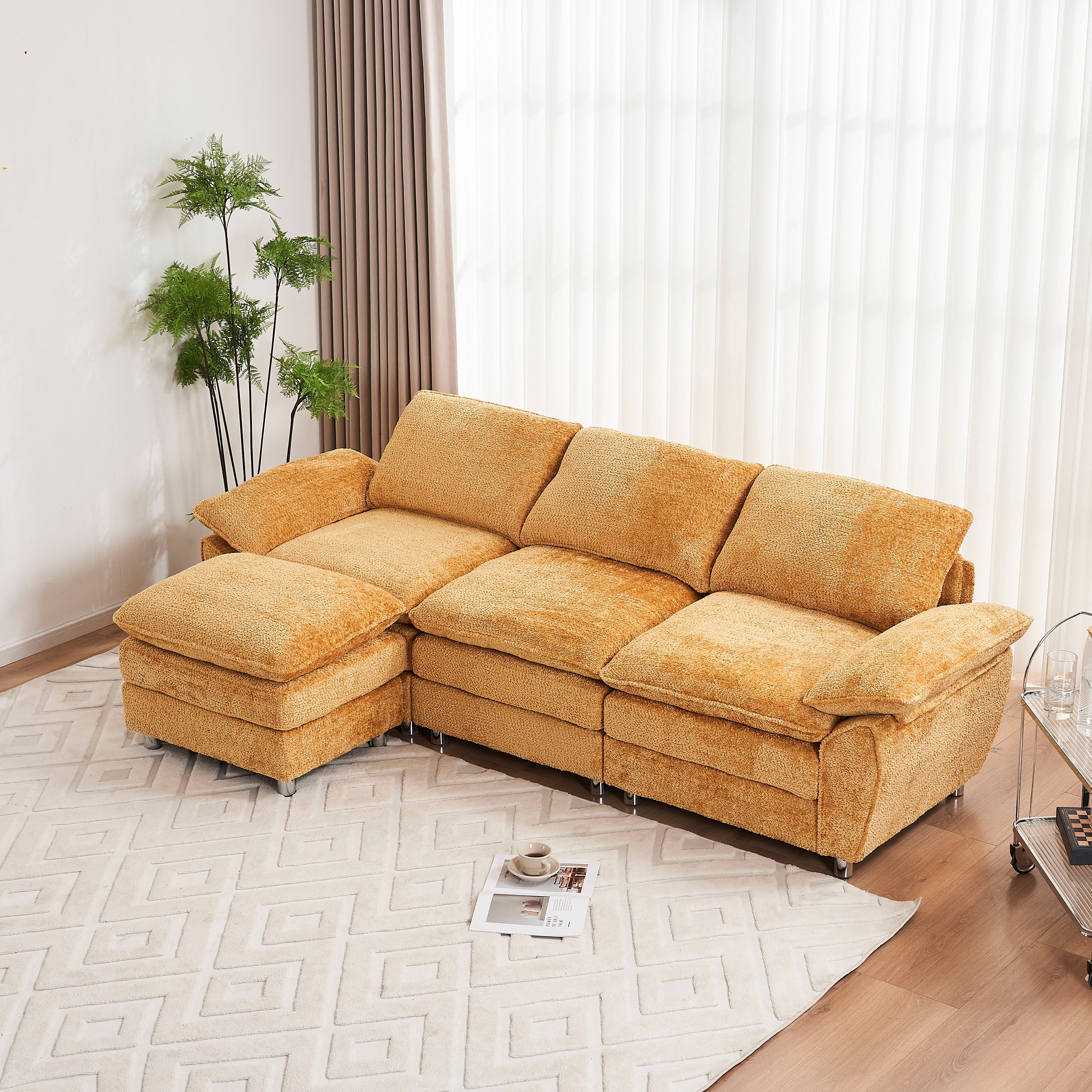 Modern 3-Seat Sofa Couch with Ottoman | Yellow