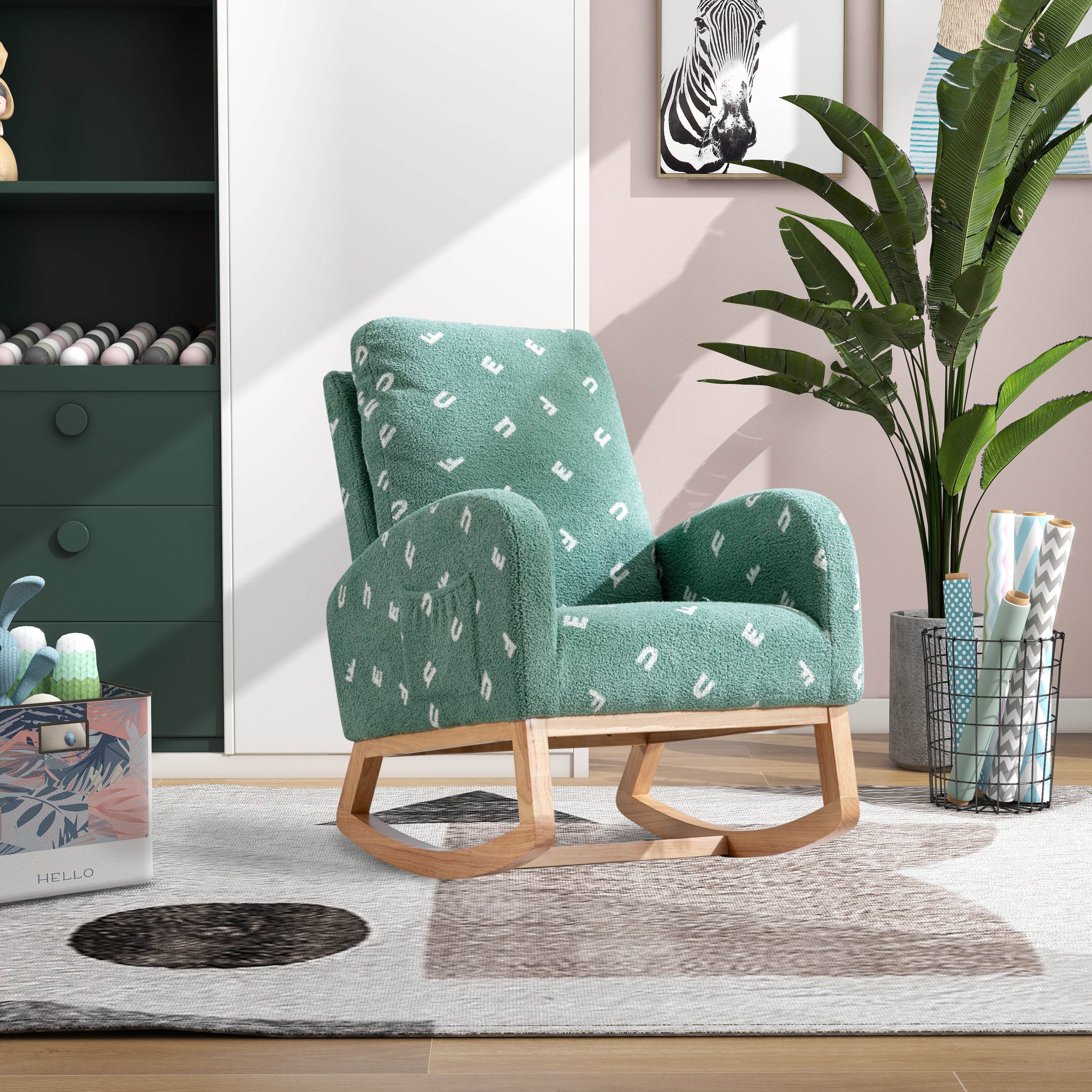 Modern Rocking Chair, Green Boucle, Nursery & Living Room