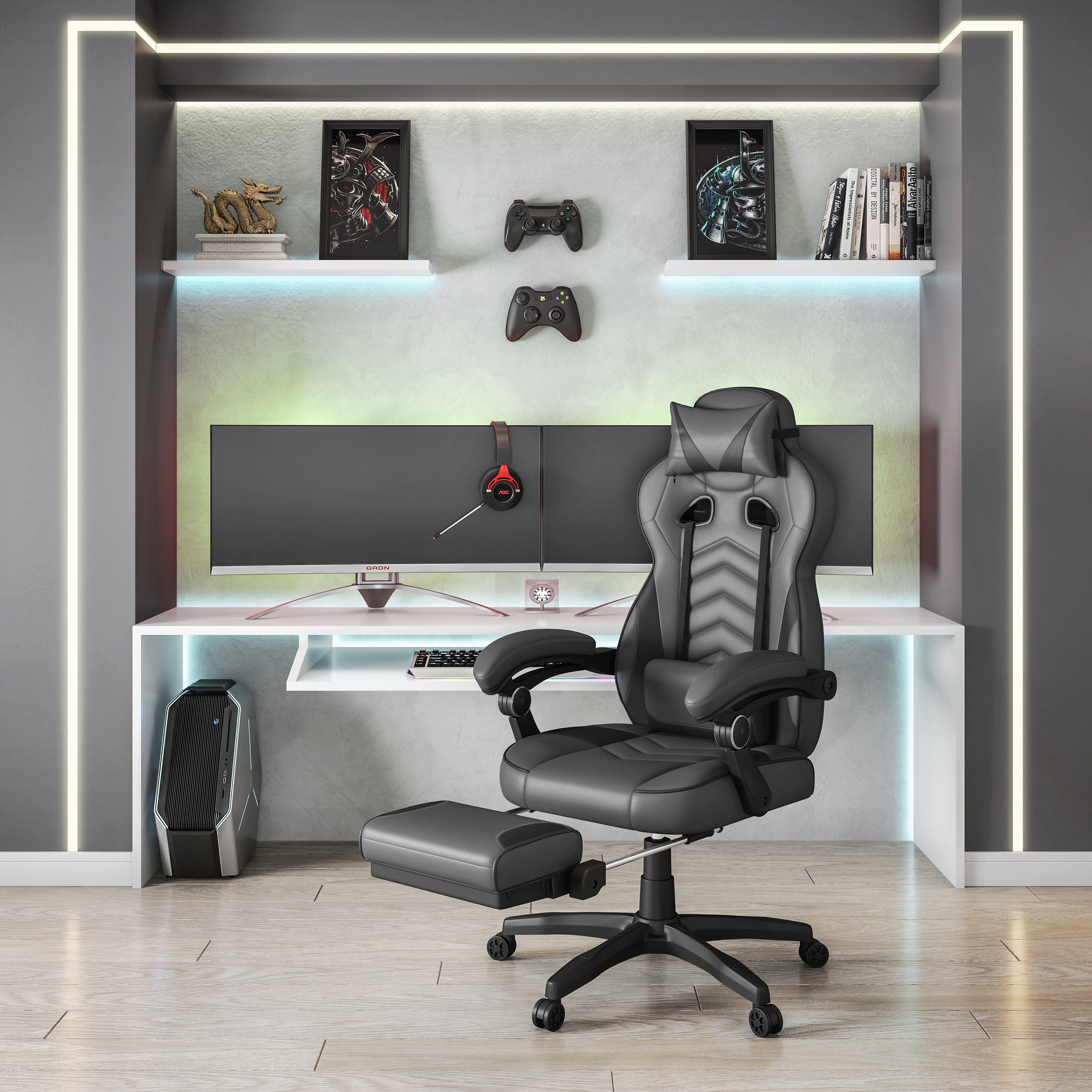 Gaming Chair: Reclining Ergonomic Office Chair w/ Footrest (Black/Grey)
