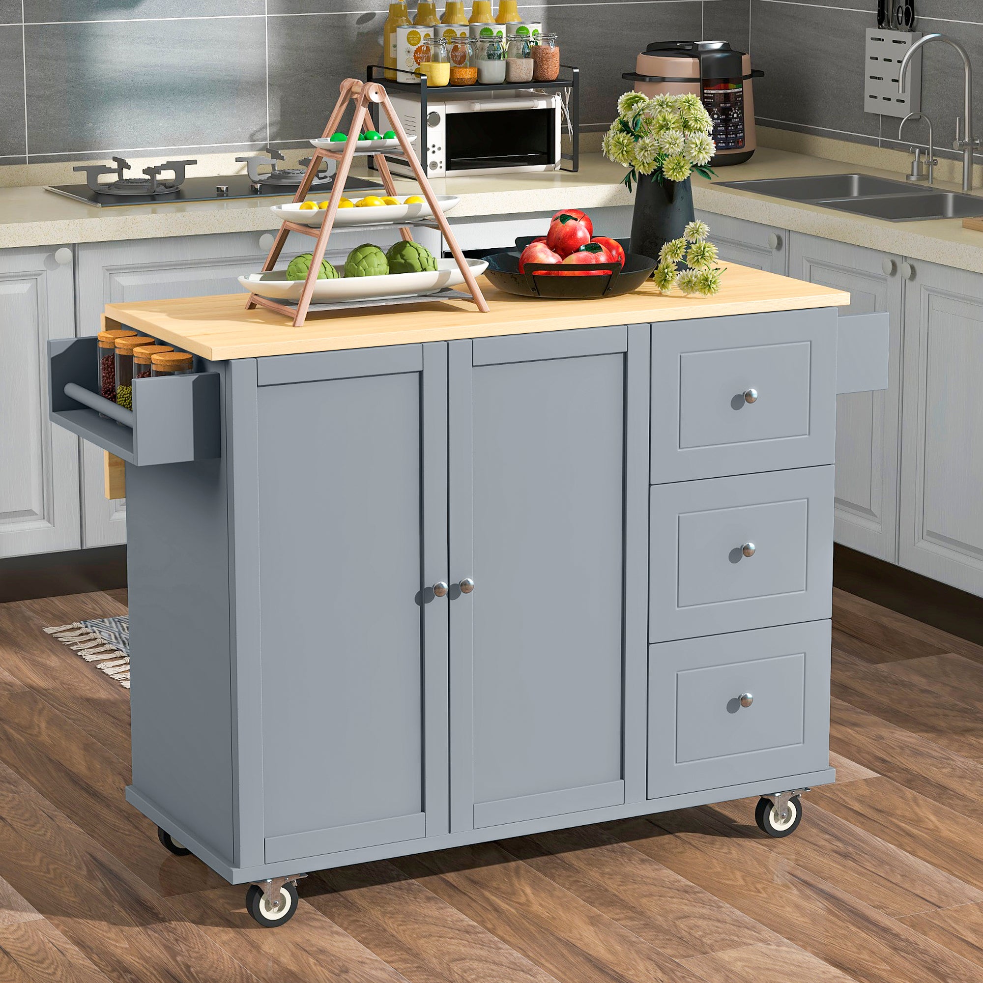 Rolling Kitchen Island w/ Wood Top & Drop Leaf (Grey Blue)