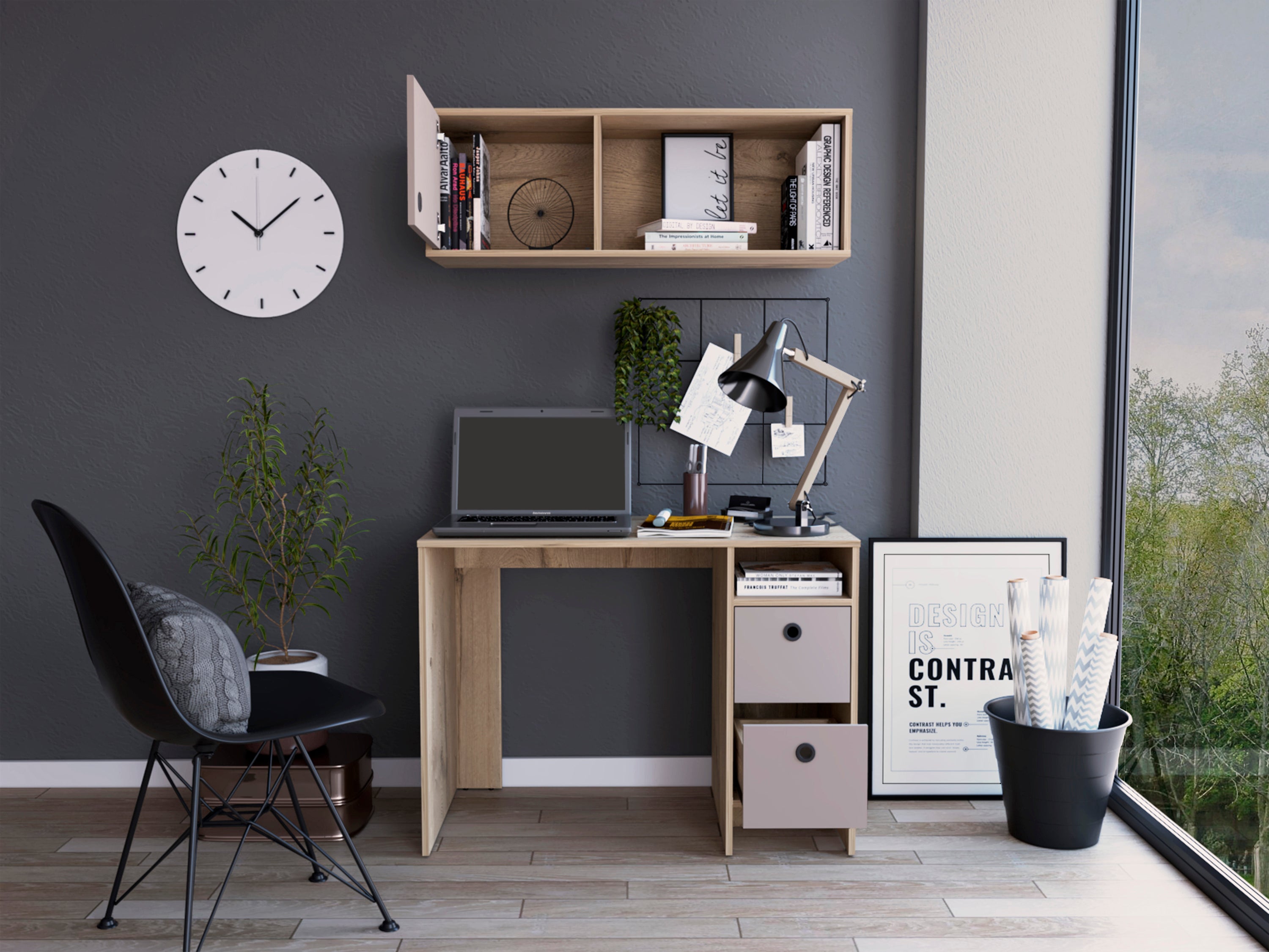 Khali 2-Pc Office Set, Light Oak & Taupe | Shelves & Cabinets