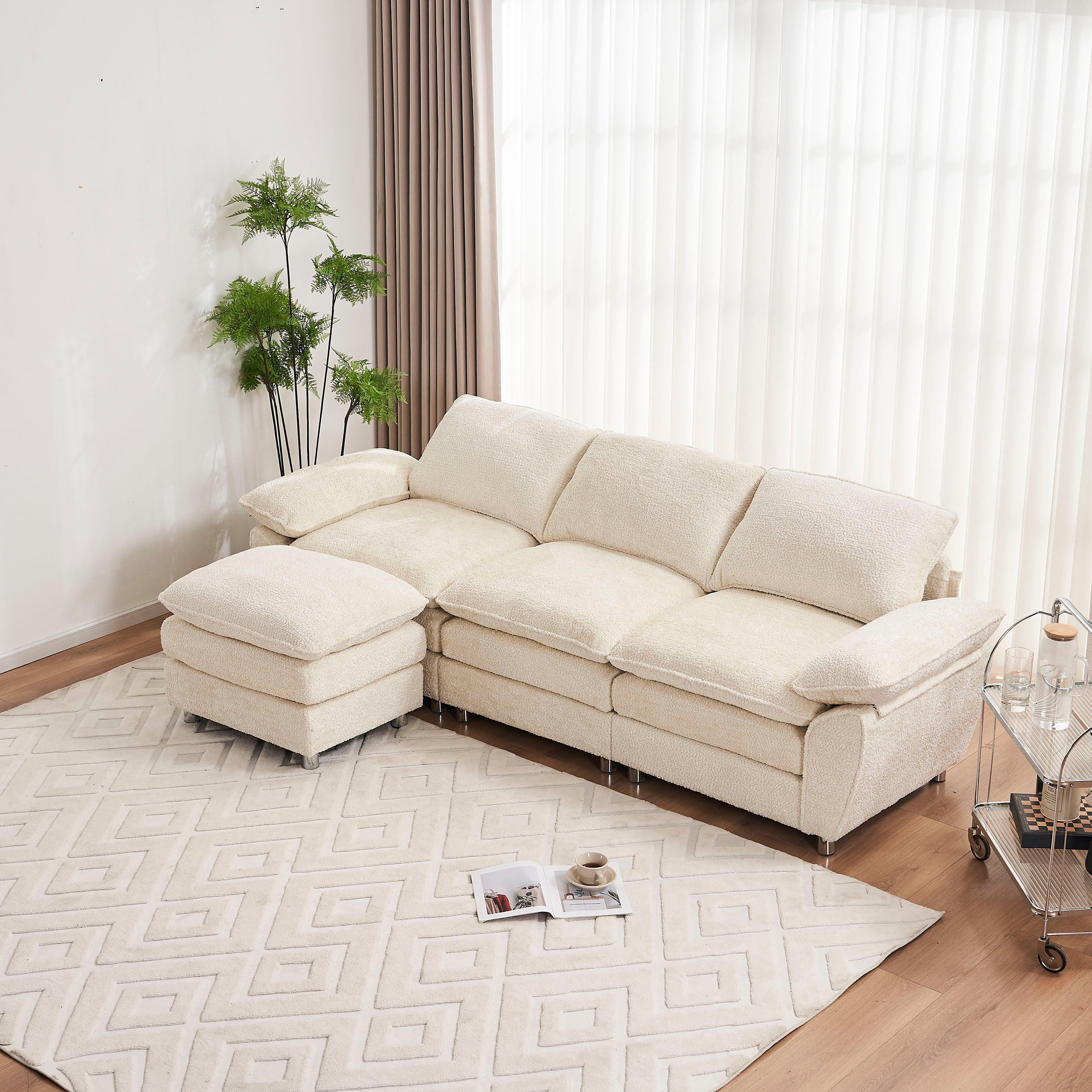 Modern 3-Seat Sofa Couch with Ottoman | Beige