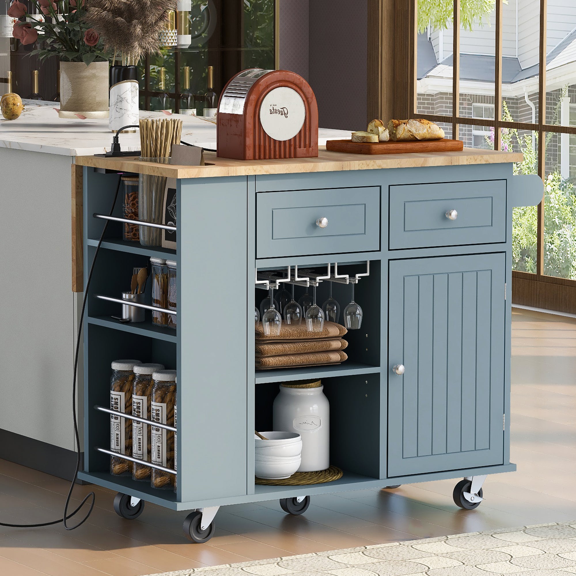 Kitchen Island w/ Power Outlet, Drop Leaf & Wine Rack - Grey Blue