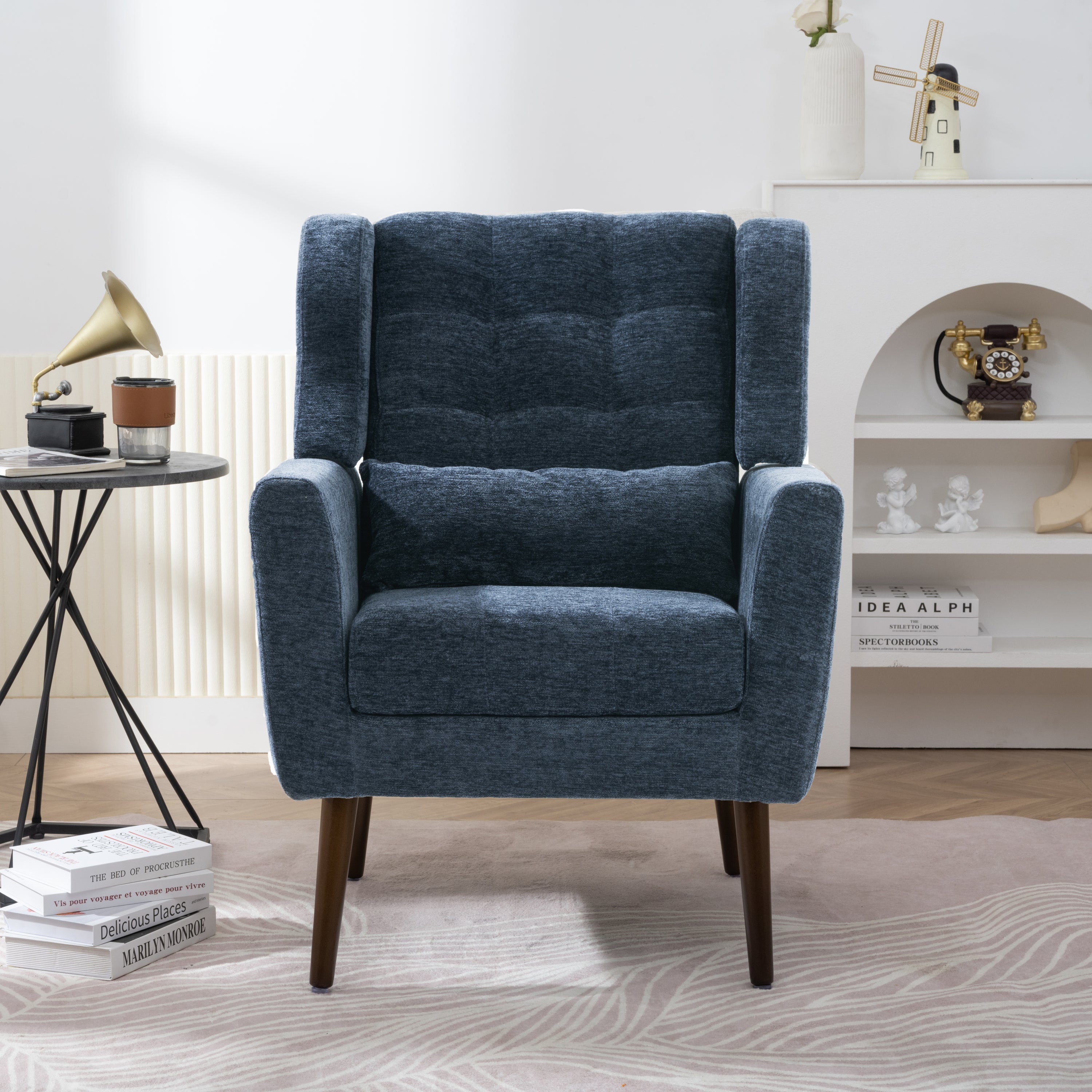 Modern Chenille Accent Chair with Pillow (Dark Blue)