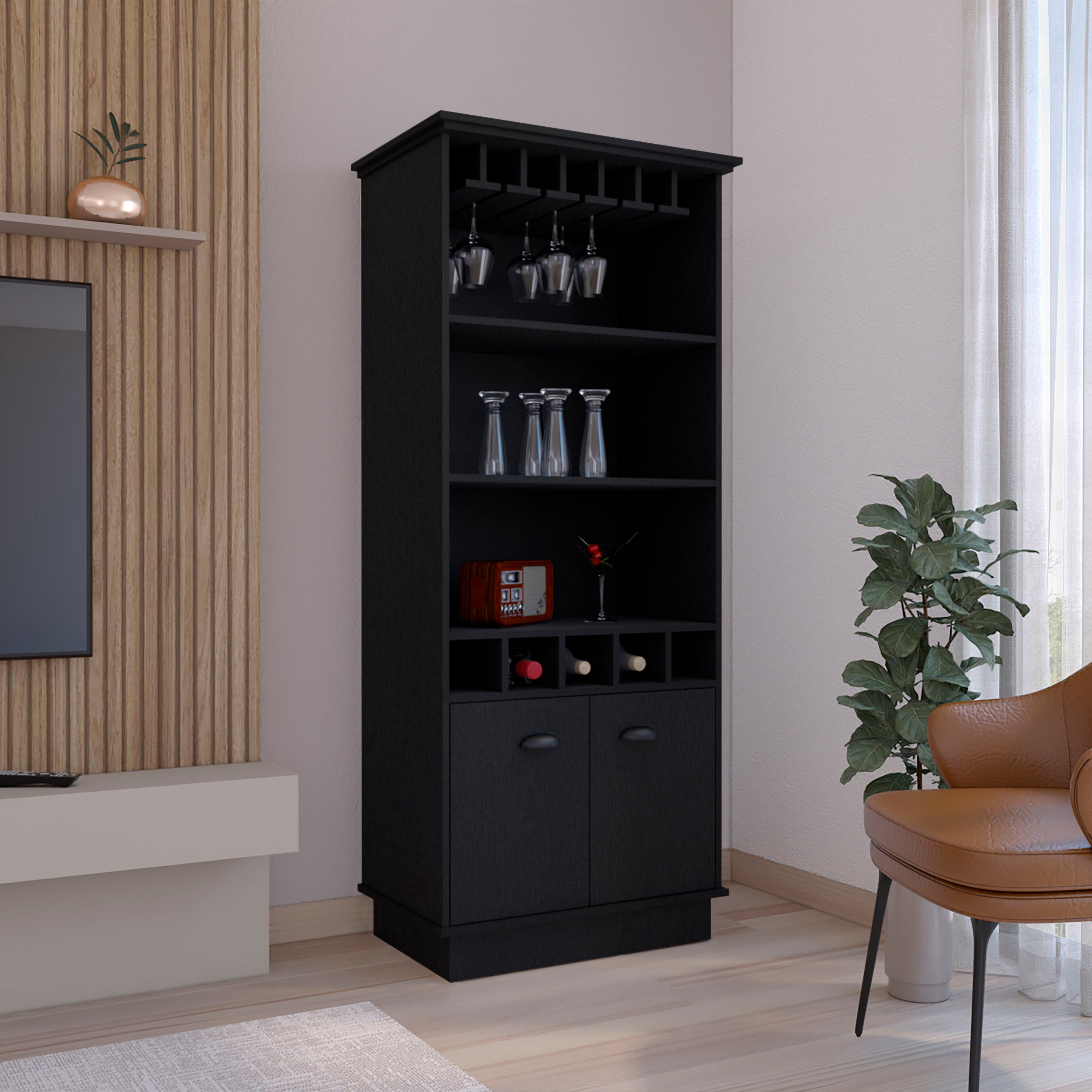 70"H Black Bar Cabinet: Wine Rack & Glass Shelves