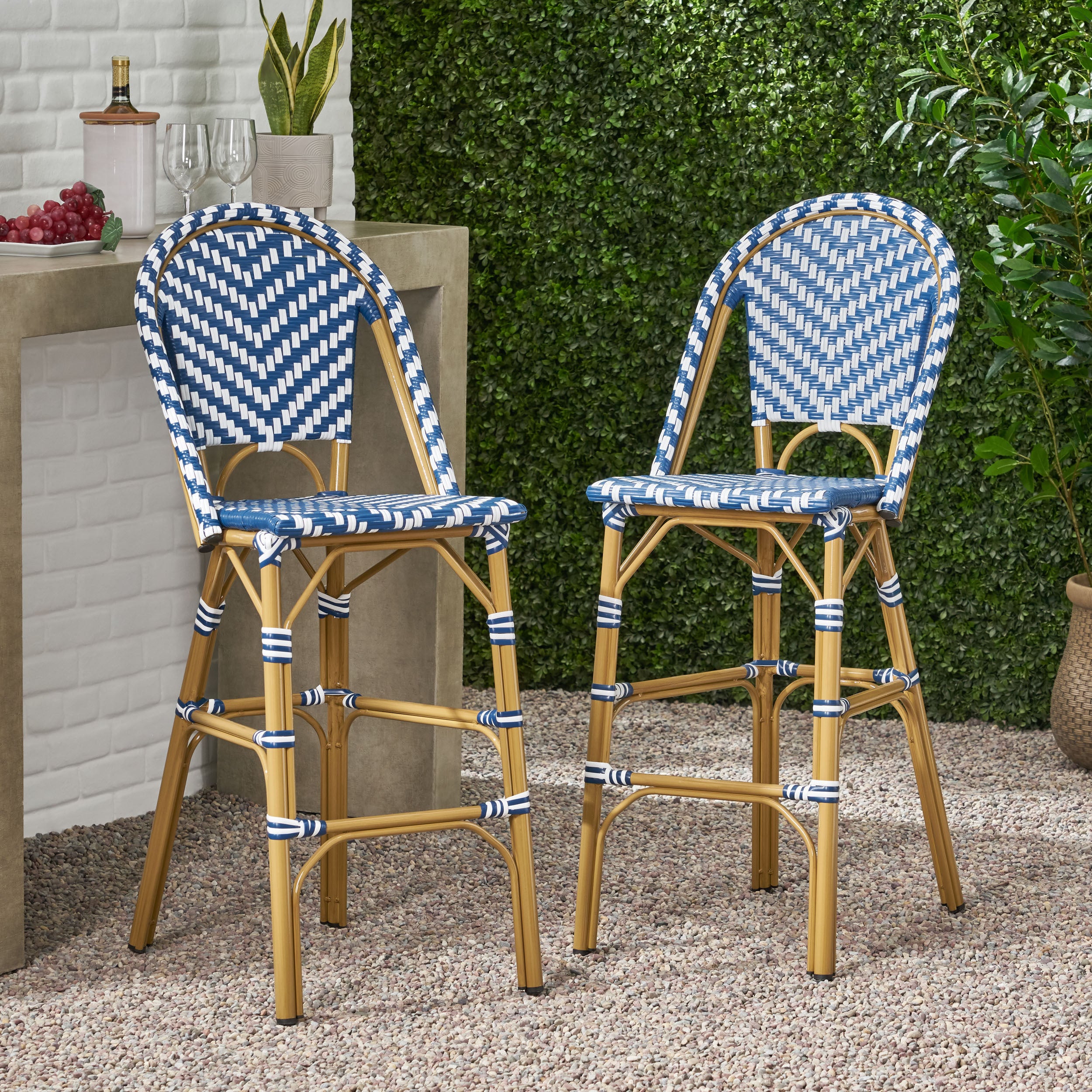 Navy Blue Rattan Barstools (Set of 2) Outdoor