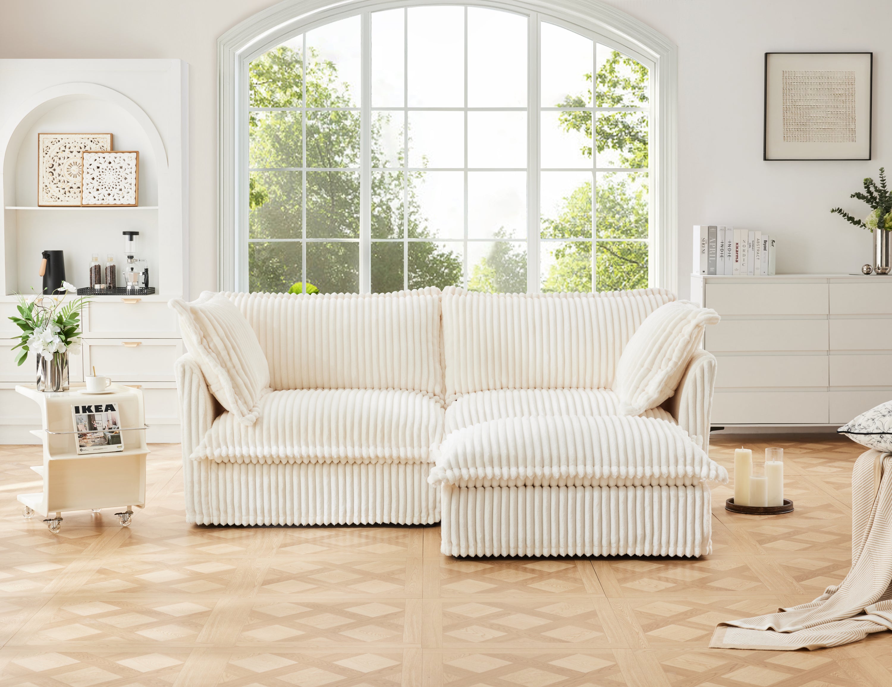 Cream Corduroy L-Shaped Sectional Sofa with Ottoman