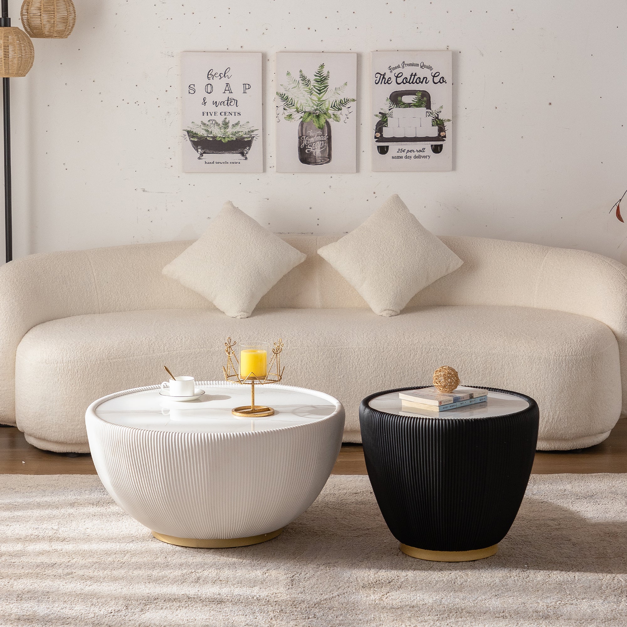 Modern Round Coffee Table Set: White & Black