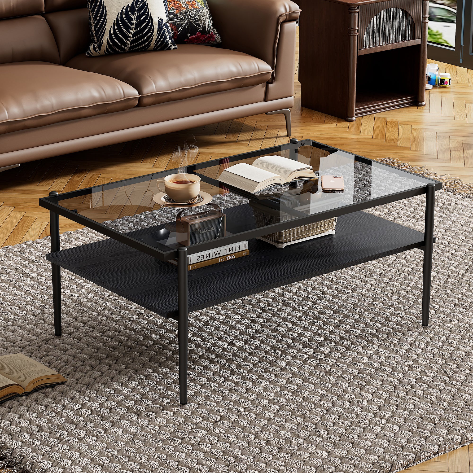 Modern Gray Glass Coffee Table with Black Legs