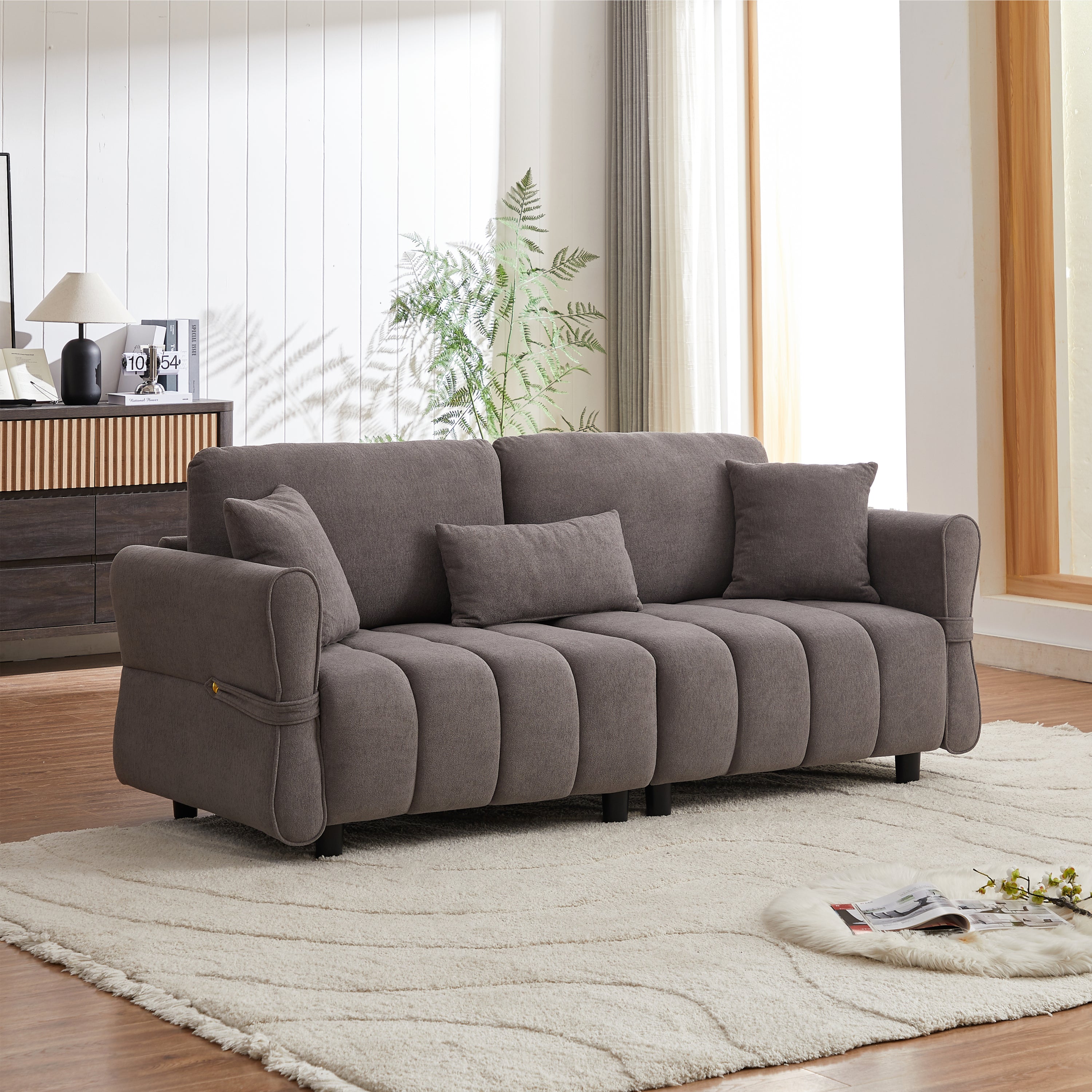 Grey Chenille Sofa: 80" 3-Seater with Pillows