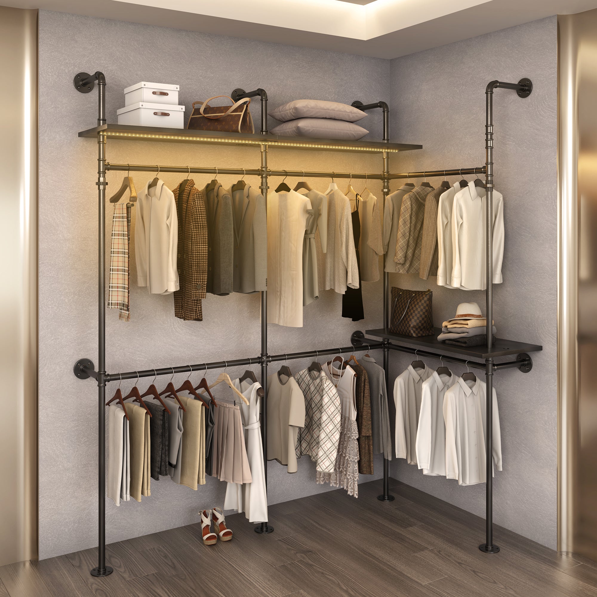 Industrial Pipe Clothing Rack w/ LED Lights & Shelves