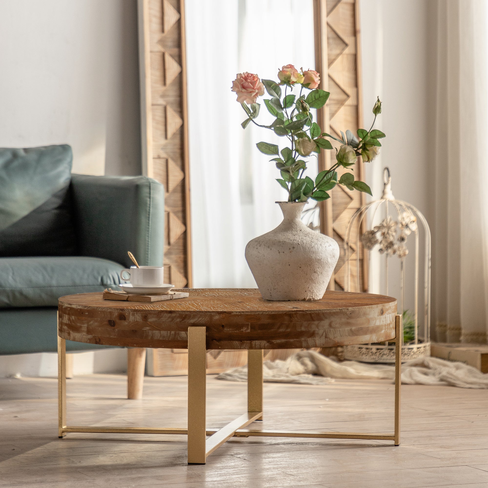 Modern Retro Coffee Table: Gold Legs & Fir Wood Top