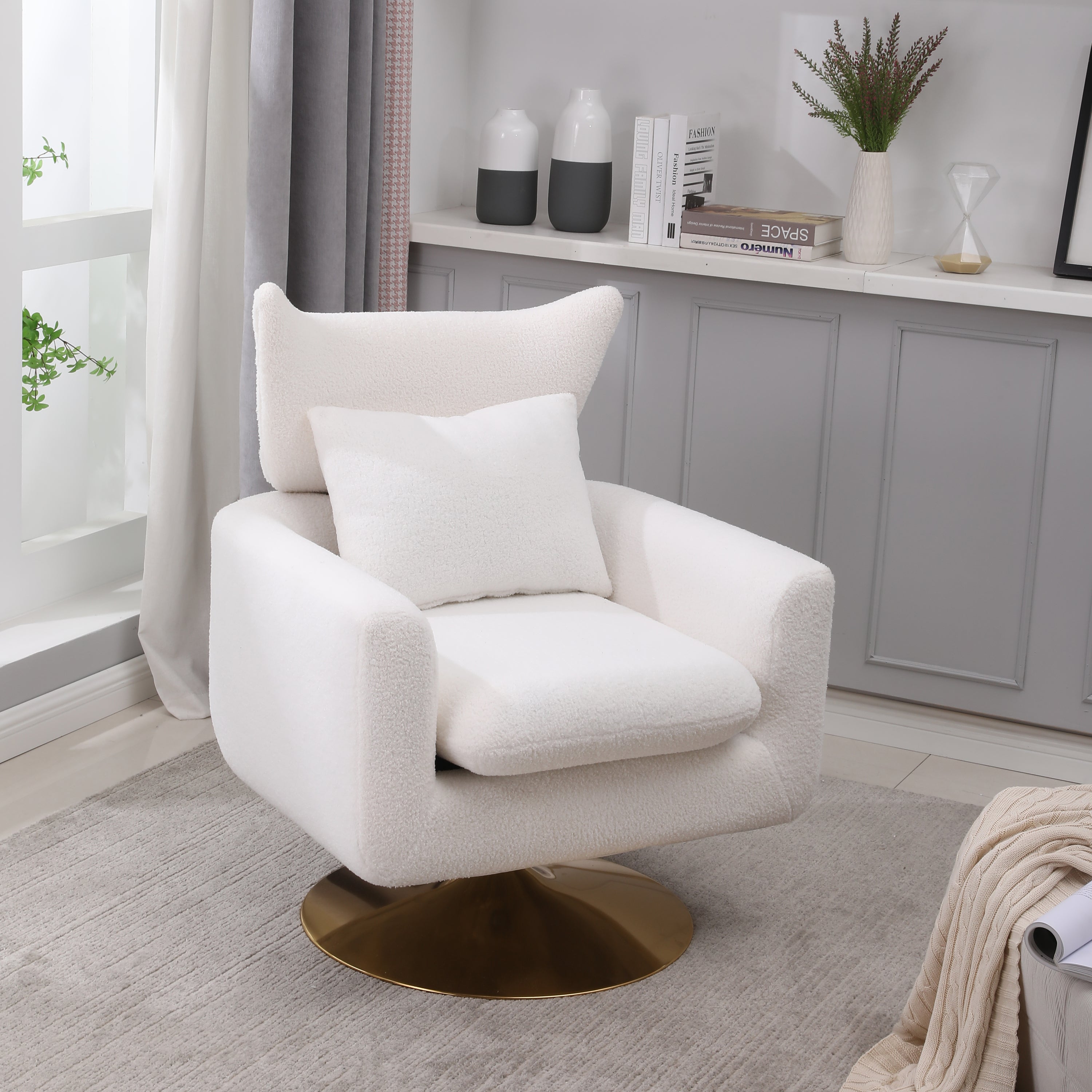 Classic Mid-Century 360-degree Swivel  Accent Chair, White Teddy Fabric