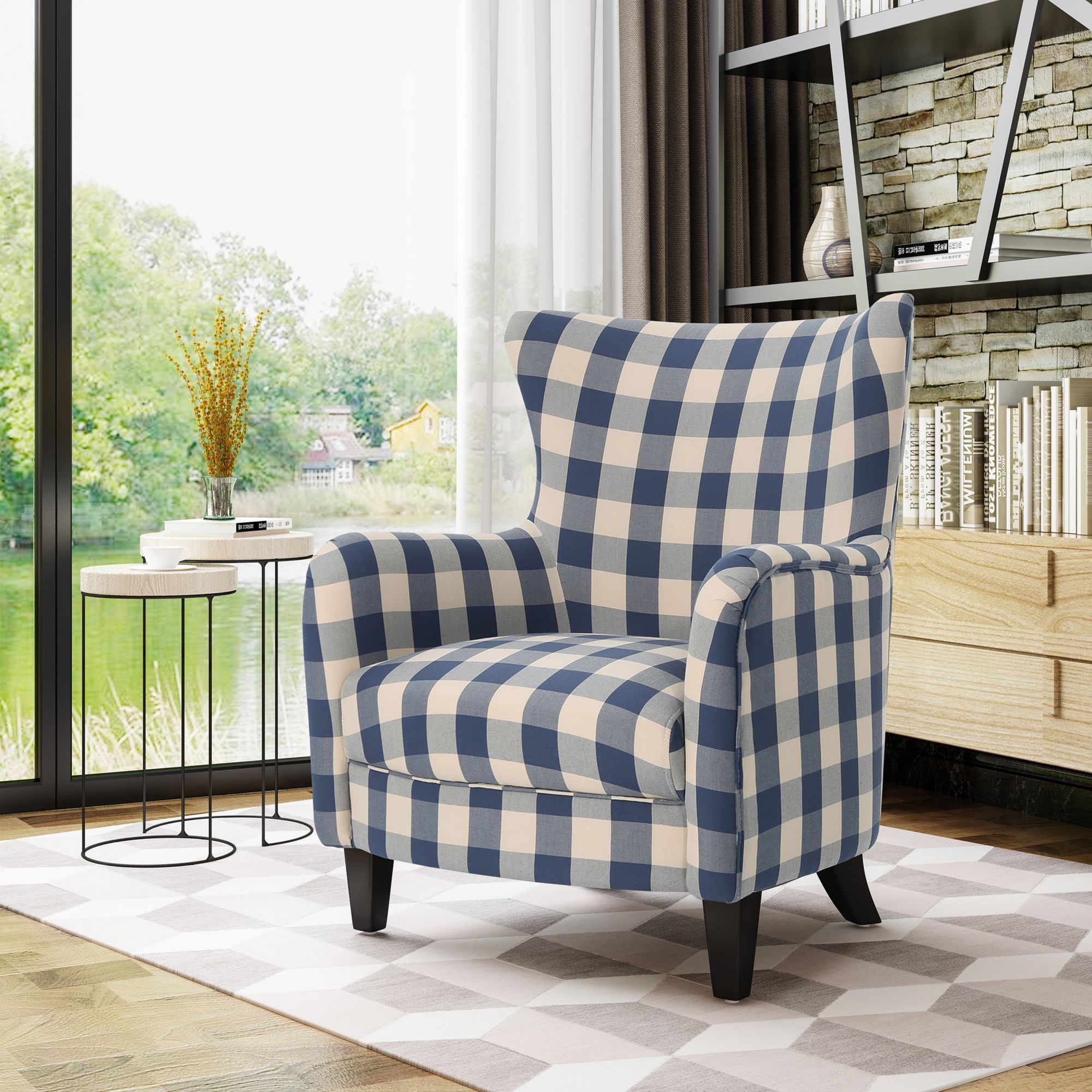 Vintage Checkerboard Club Chair: White & Blue