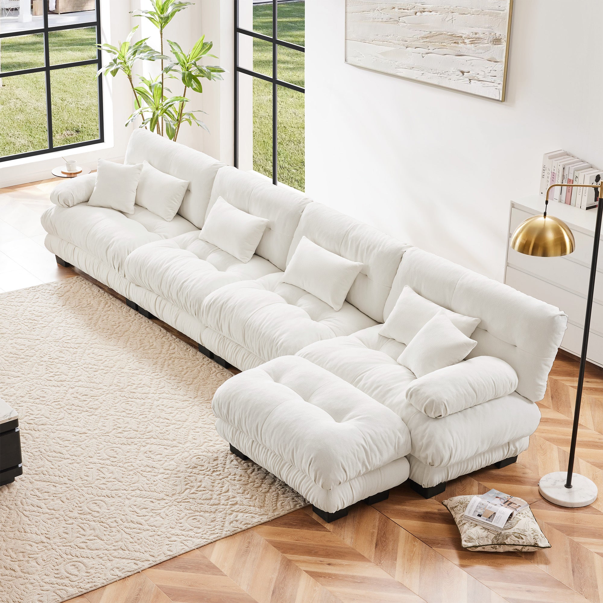 White Chenille Sectional Sofa: Free Combo & Ottoman