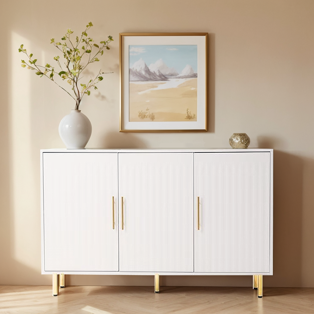White 3-Door Sideboard Cabinet with Gold Handles