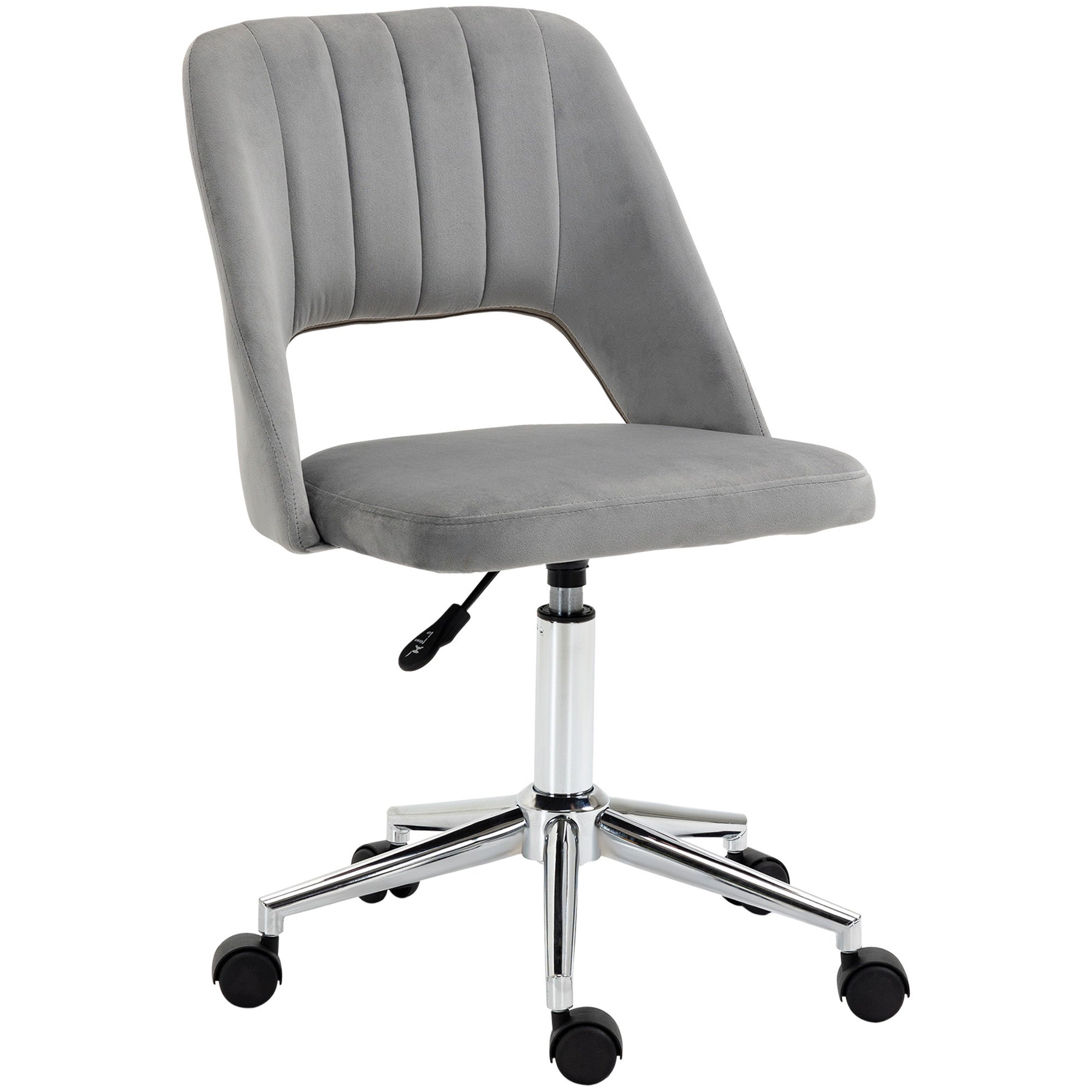 Velvet Office Chair, Grey, Armless, Hollow Back
