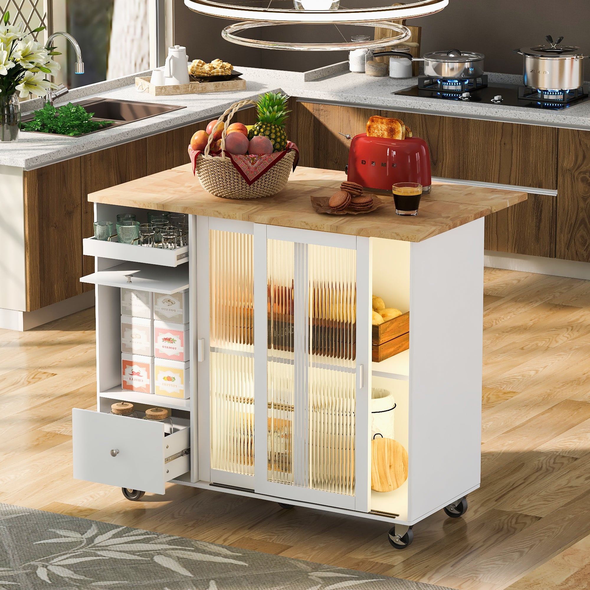 White Kitchen Island Cart w/ Drop Leaf & LED Light