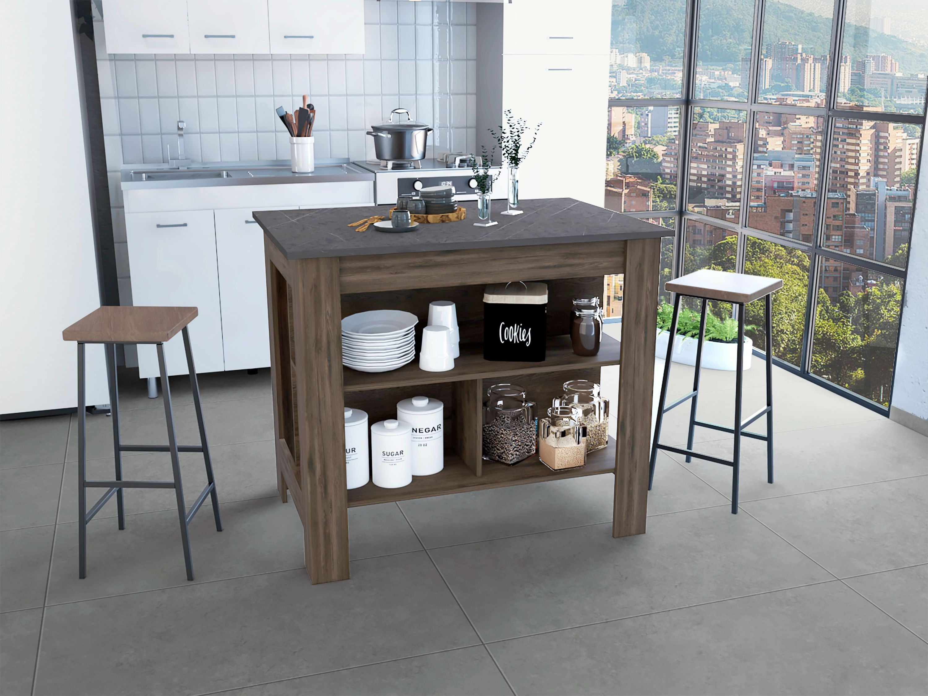 Kitchen Island Table w/ Storage Shelves, Dark Brown