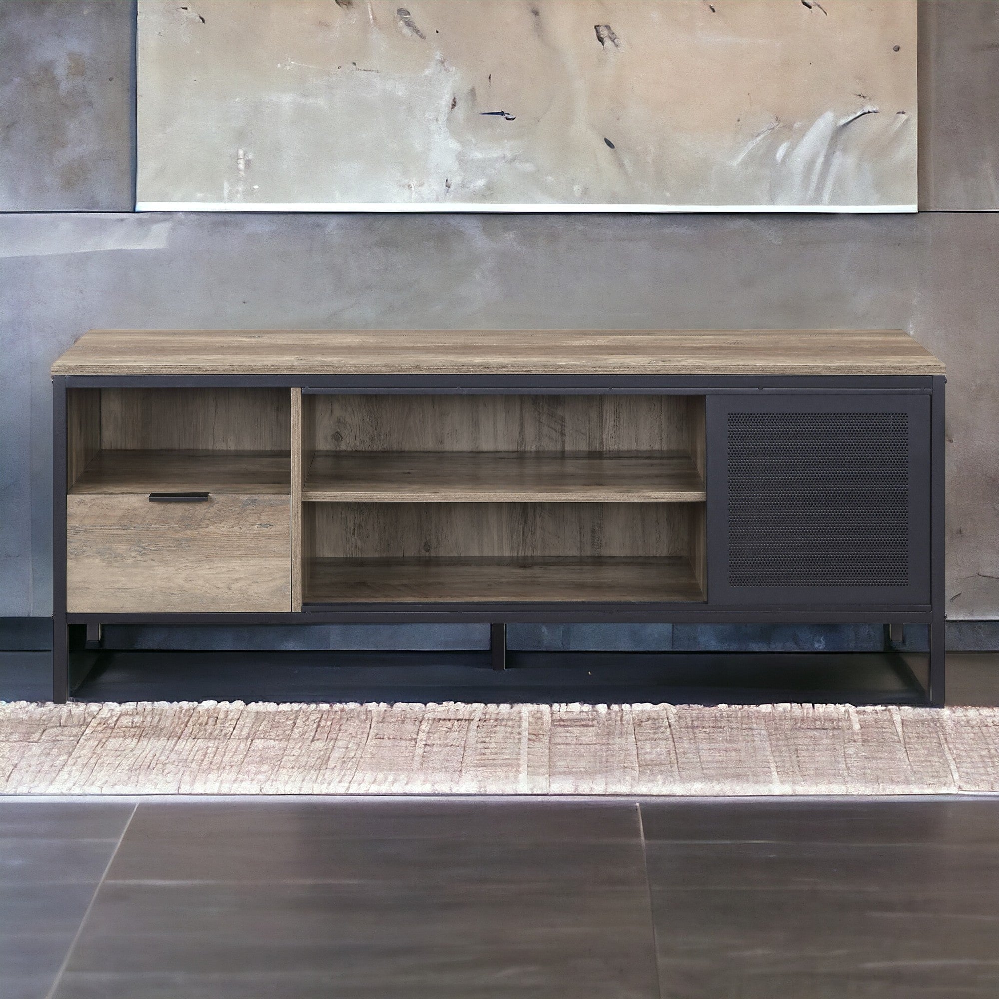 Rustic Oak & Black 1-Drawer TV Stand | Modern Media Console