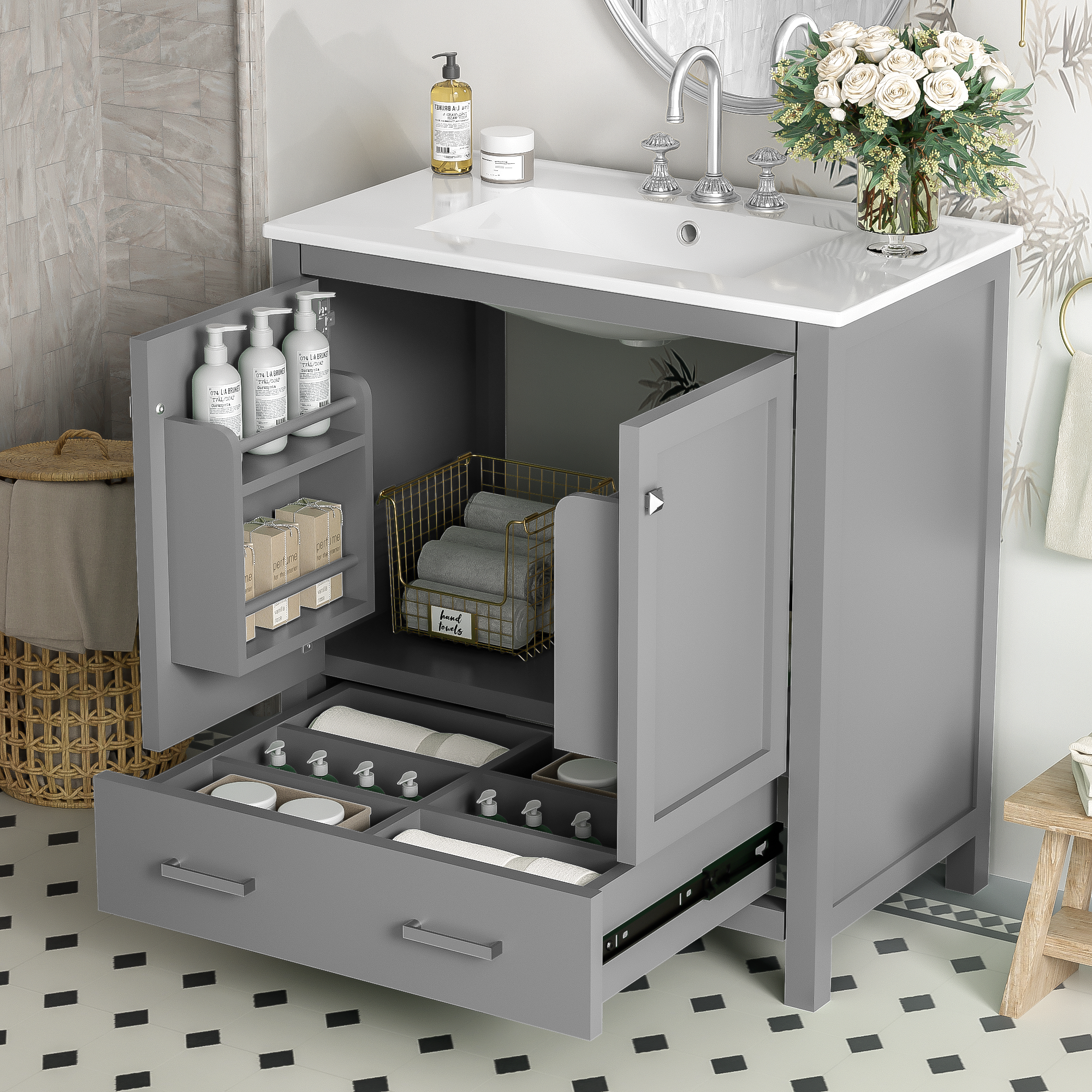 Gray Vanity: 30" Single Sink, Soft-Close