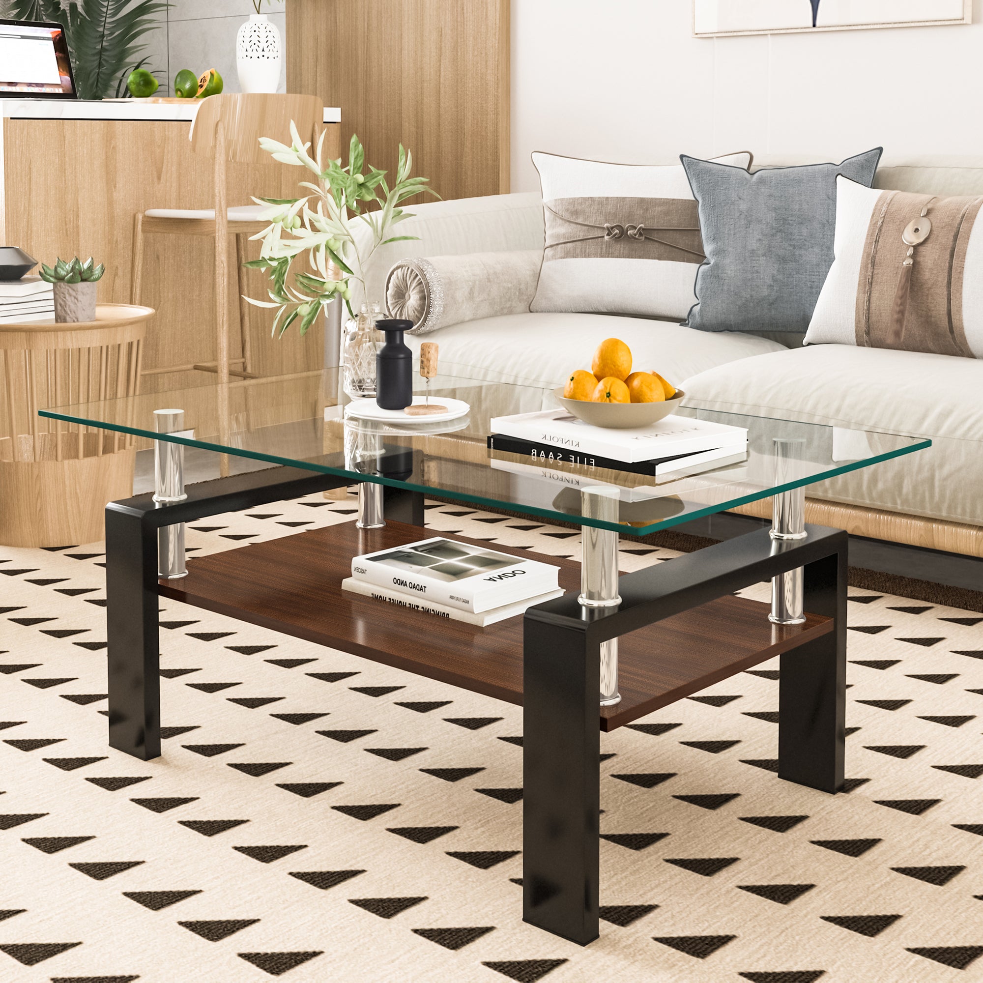 Modern Rectangle Coffee Table: Tempered Glass Top