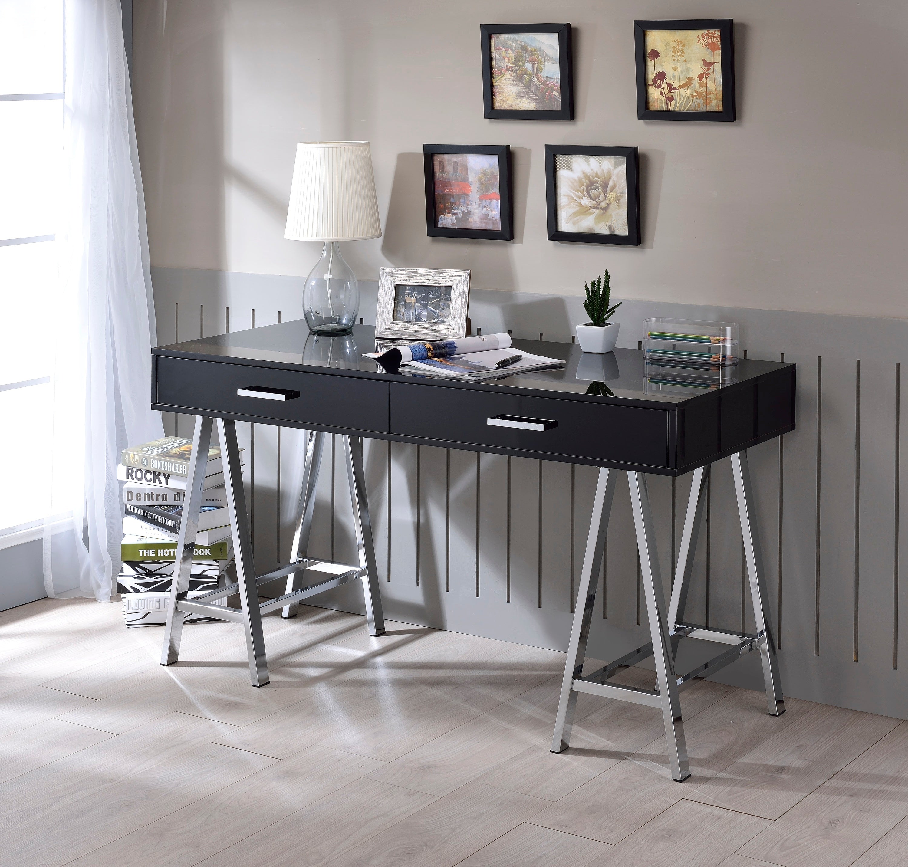 Black High Gloss Desk w/ USB Port | Modern Writing Desk