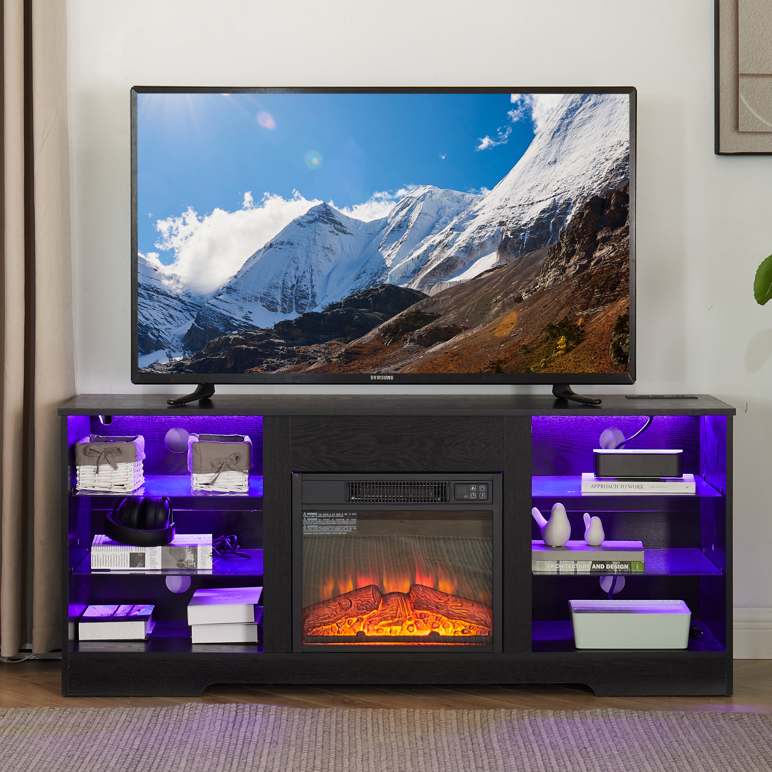 58" TV Stand w/ Fireplace, LED Lights & USB - Black