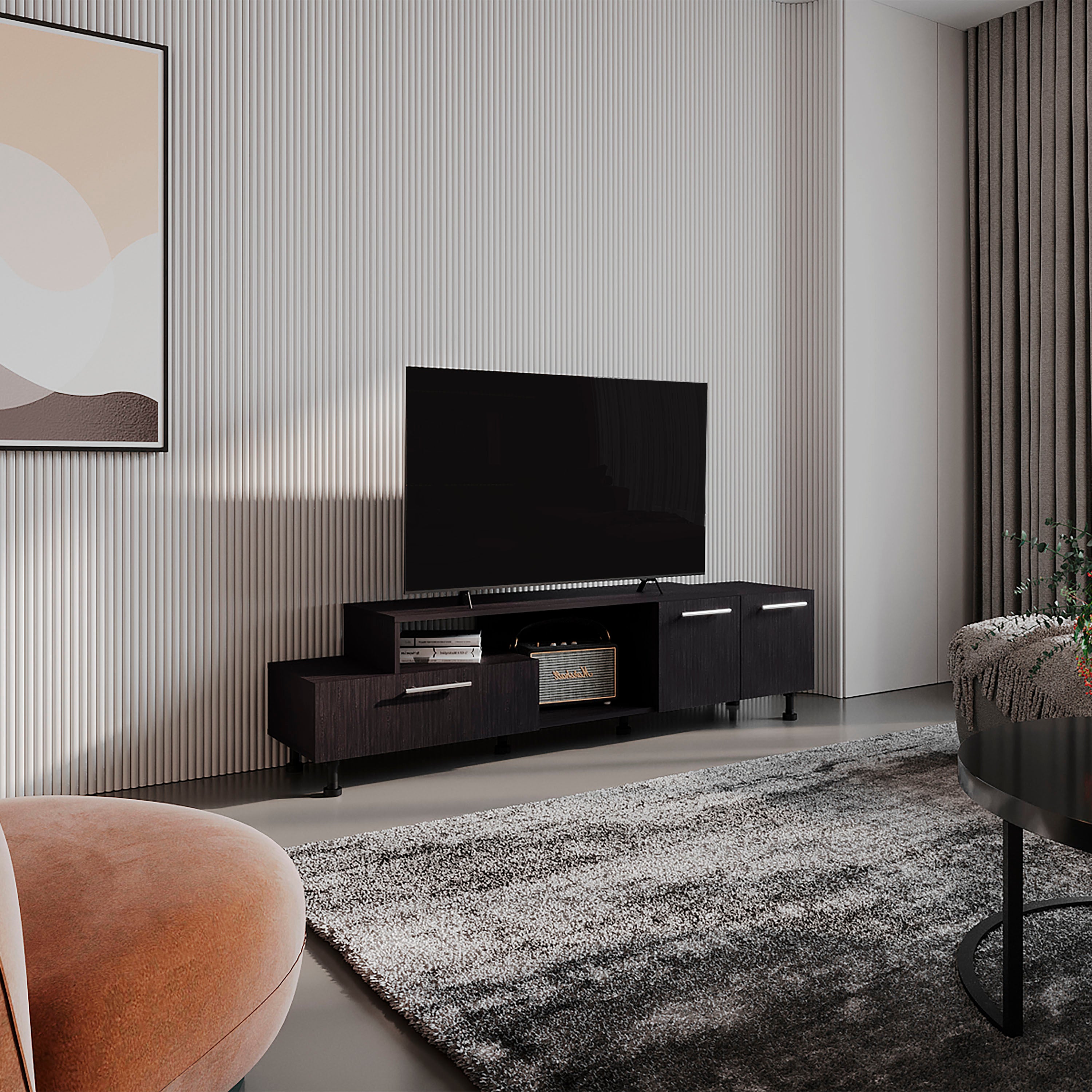 Athol 69" TV Stand, Black, 2 Cabinets & Shelves