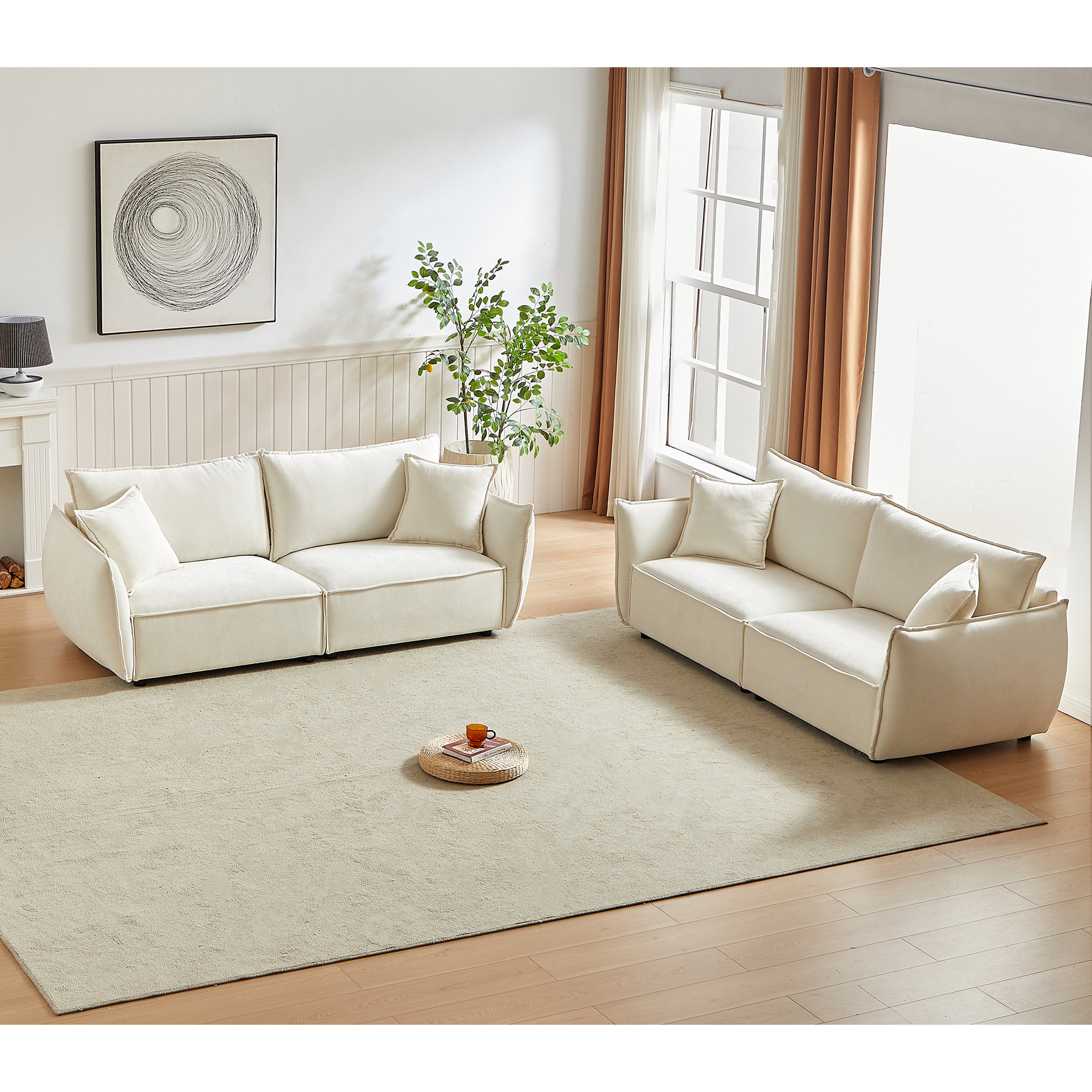 Modern 3-Seater Sofa Set: Linen & Wood