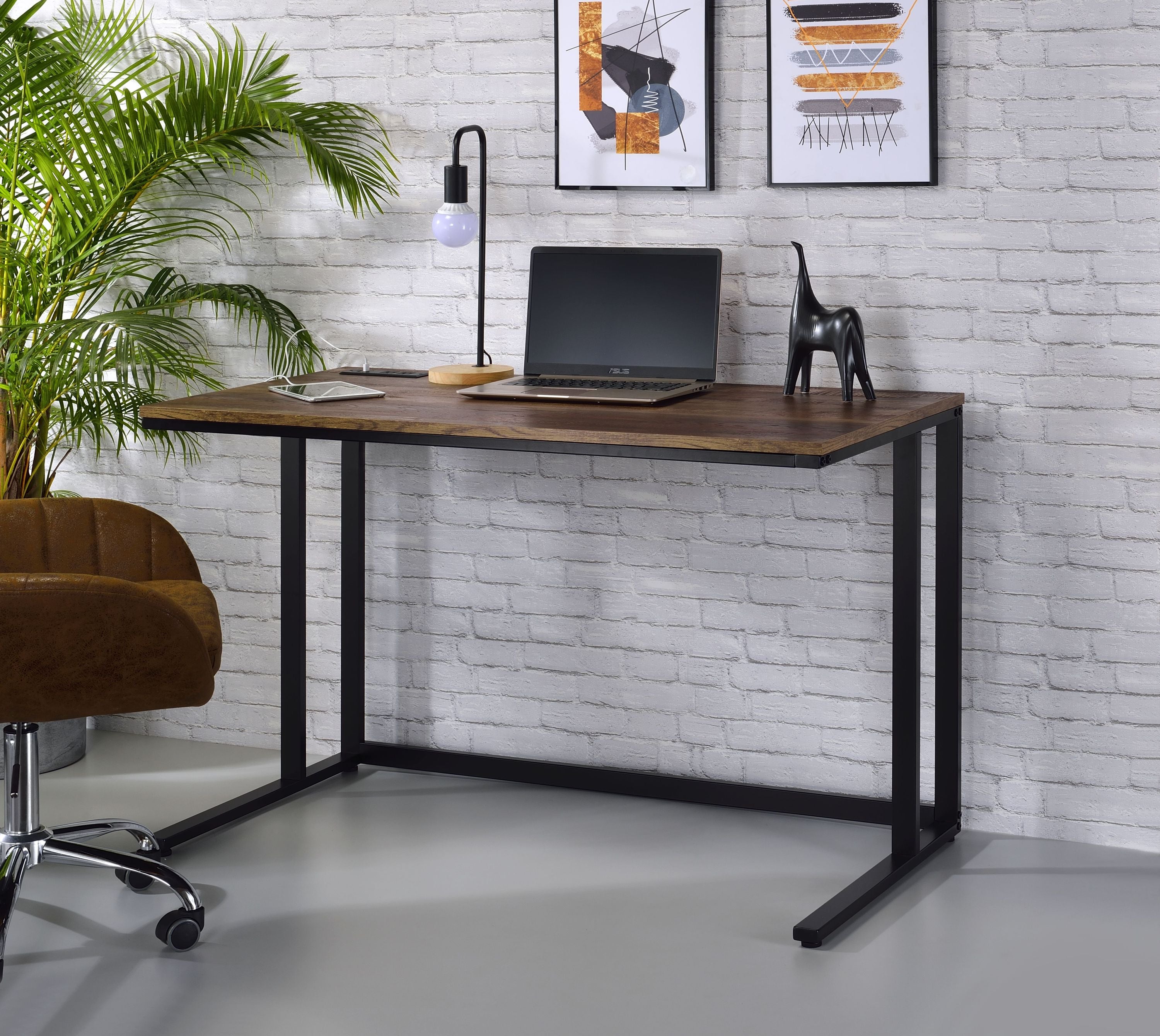 Tyrese Walnut & Black Writing Desk w/USB