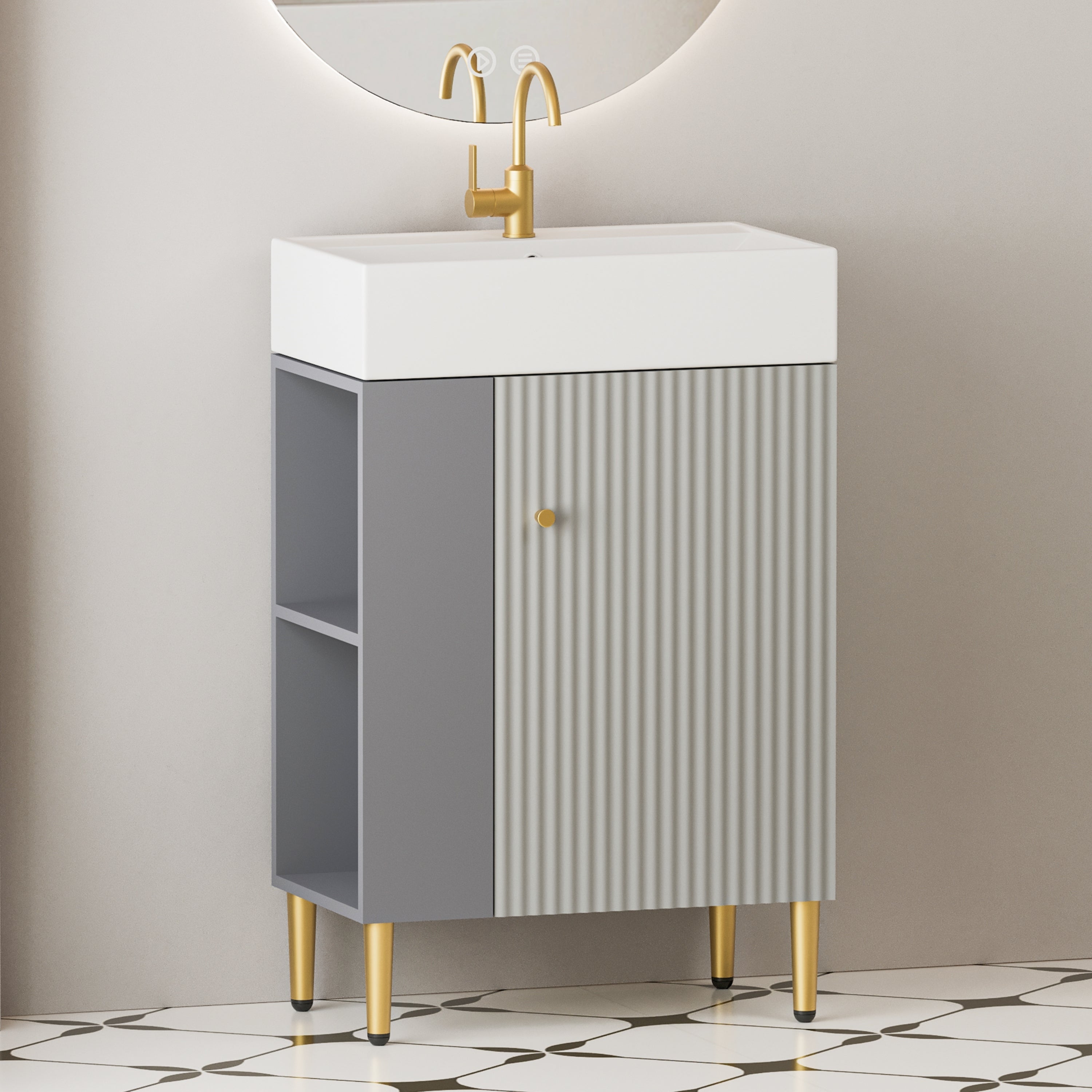 Grey Bathroom Vanity with Open Shelving & Sink