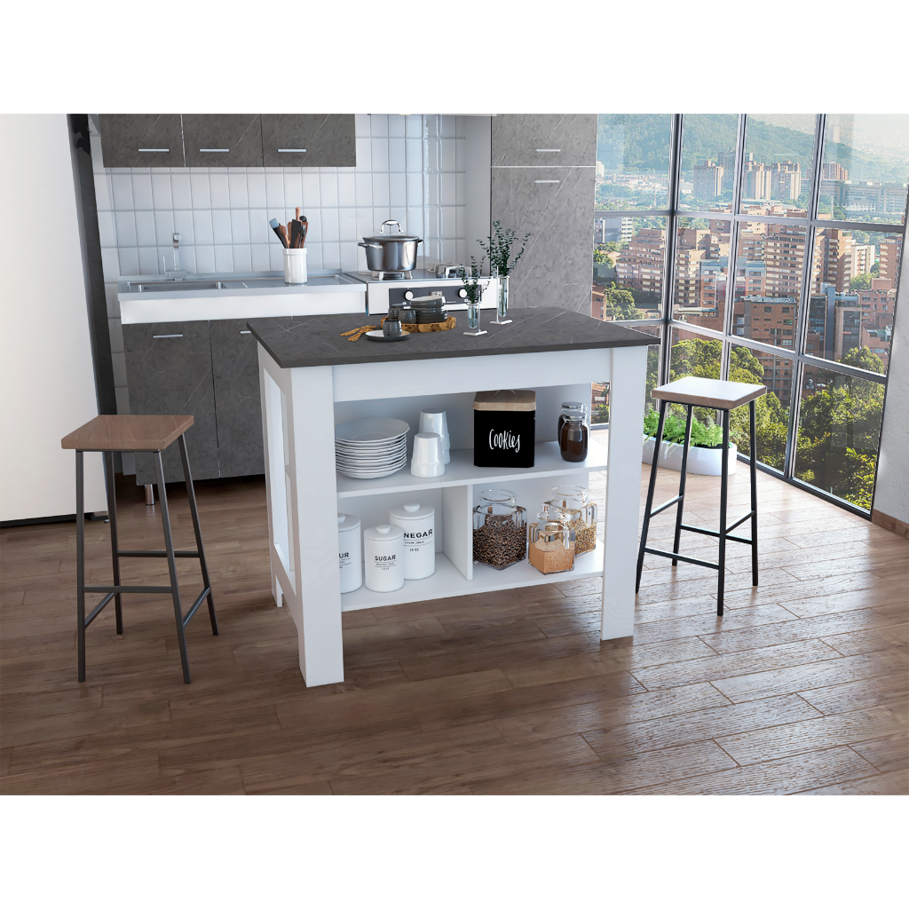 White Kitchen Island Table w/ Storage Shelves (35"H)