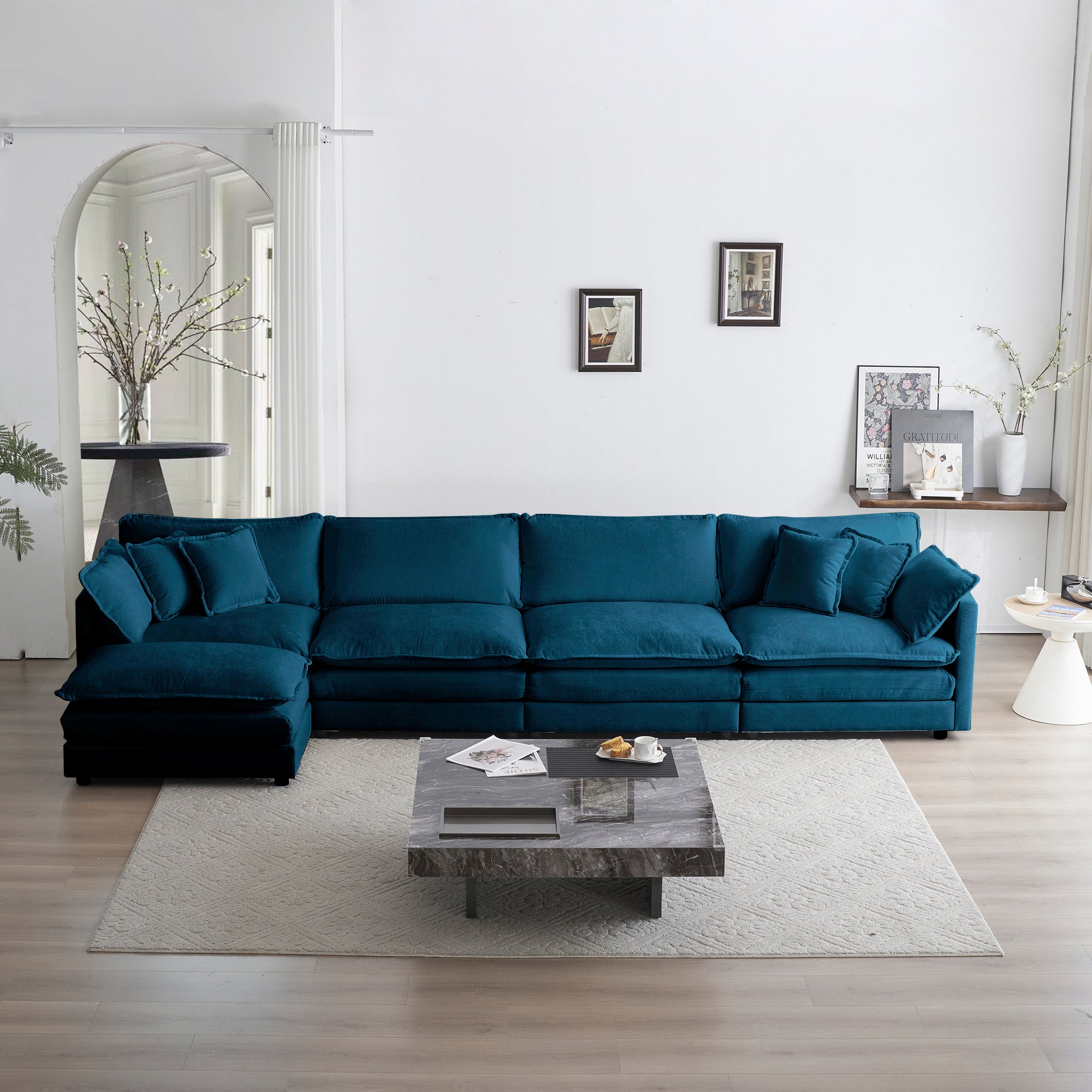 Blue Chenille Modular Sectional Sofa & Ottoman
