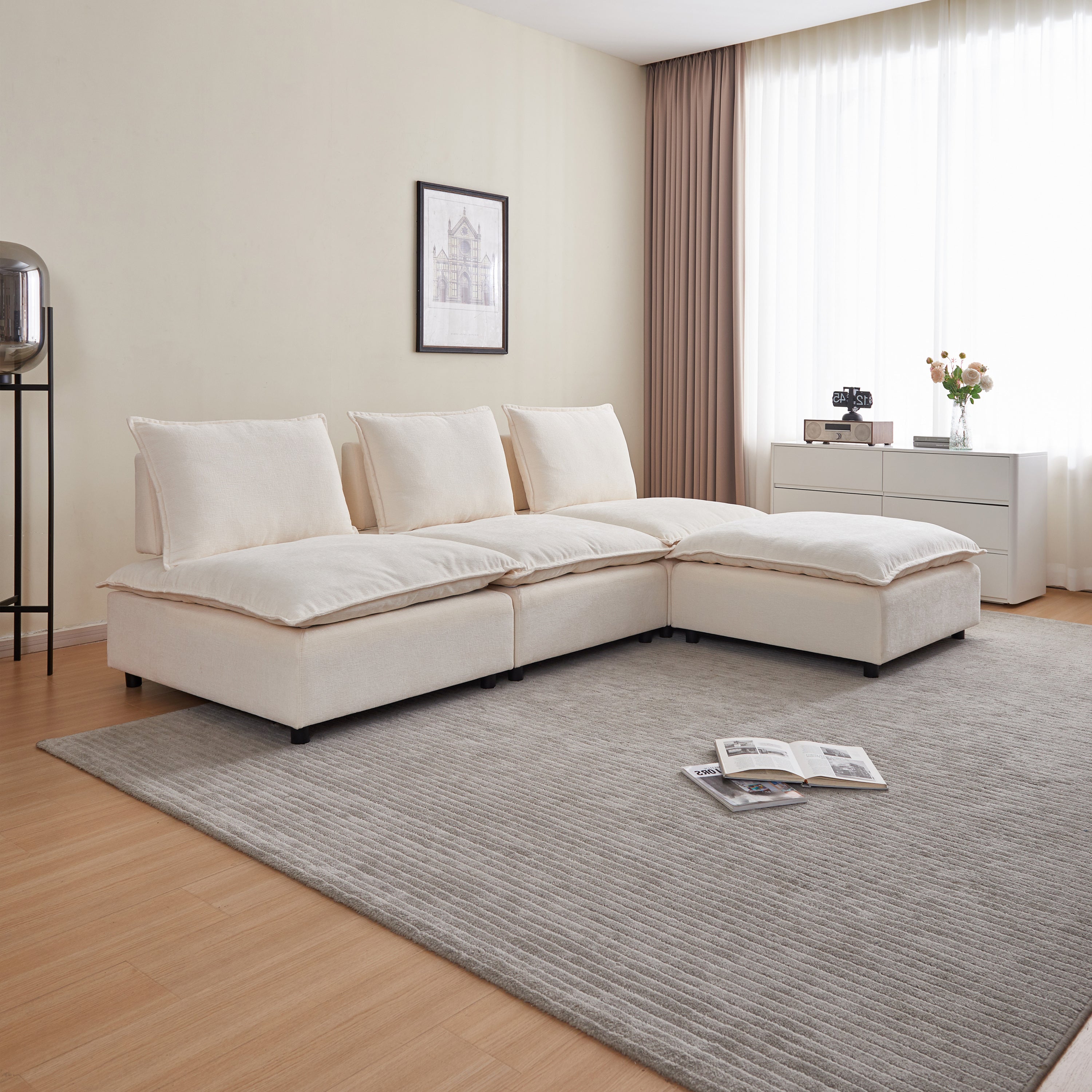 Modern Armless L-Sectional Sofa with Ottoman
