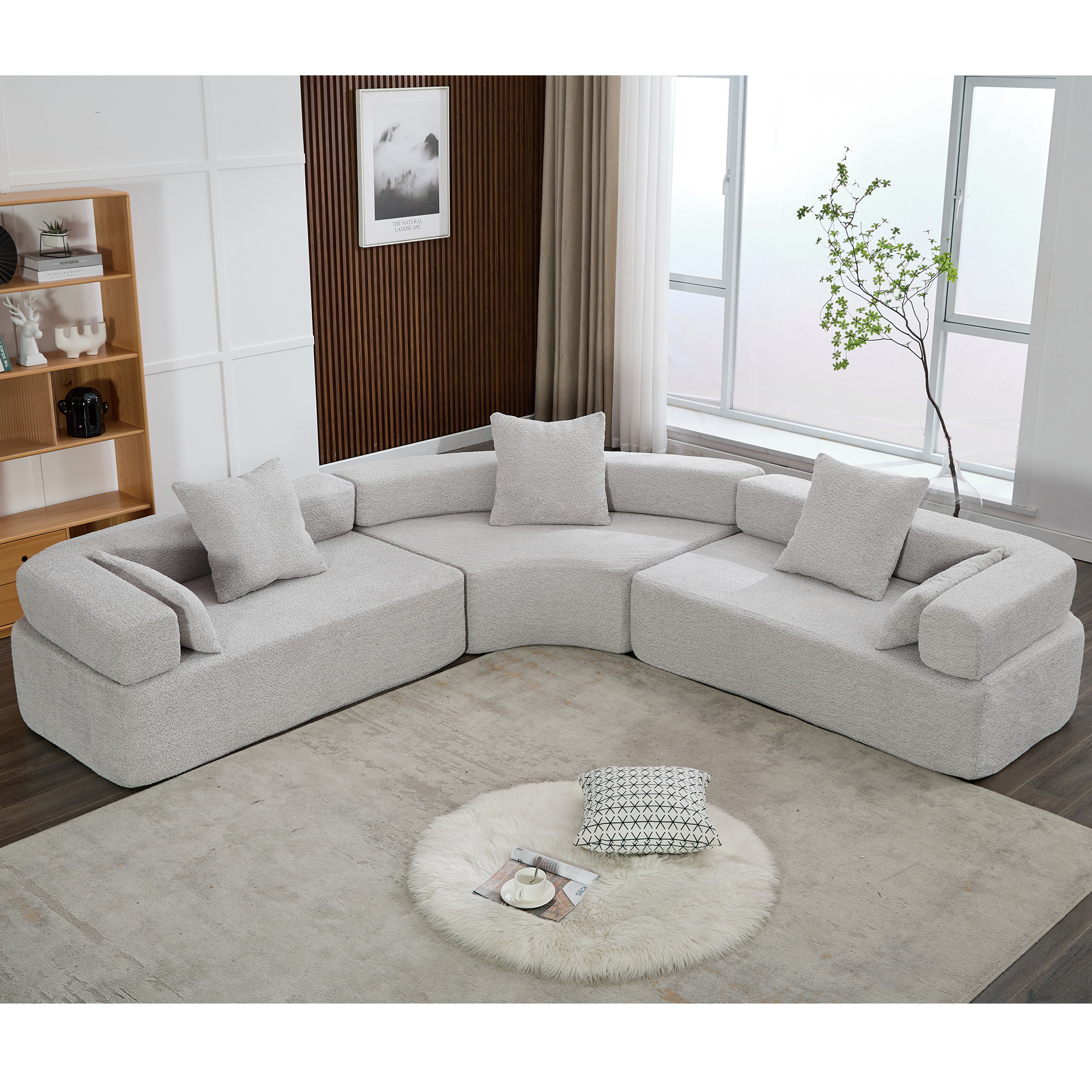 Oversized Curved Sofa, 4-Seater Modular Couch, Boucle Gray