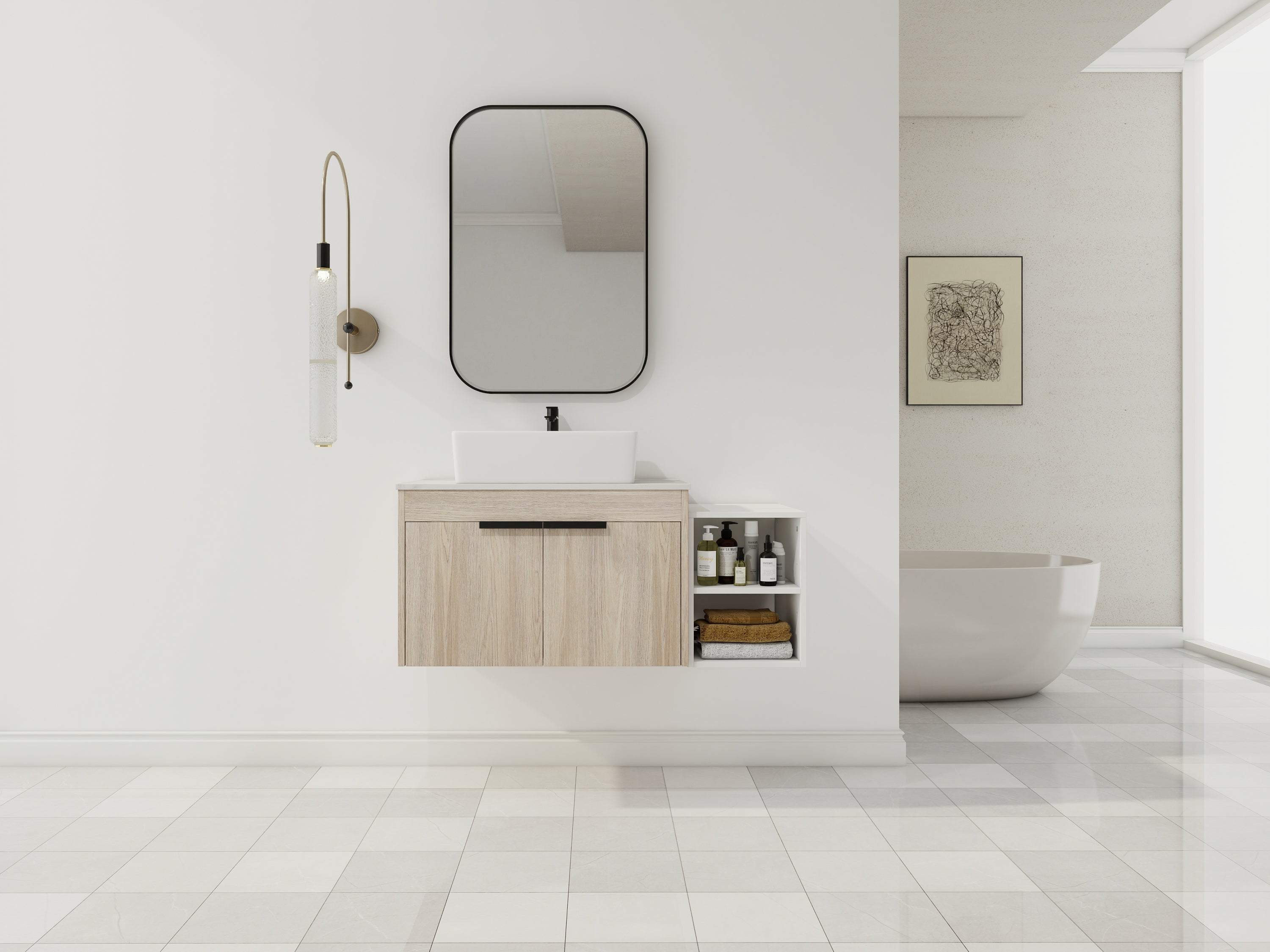 Modern Floating Vanity with Ceramic Sink & Storage