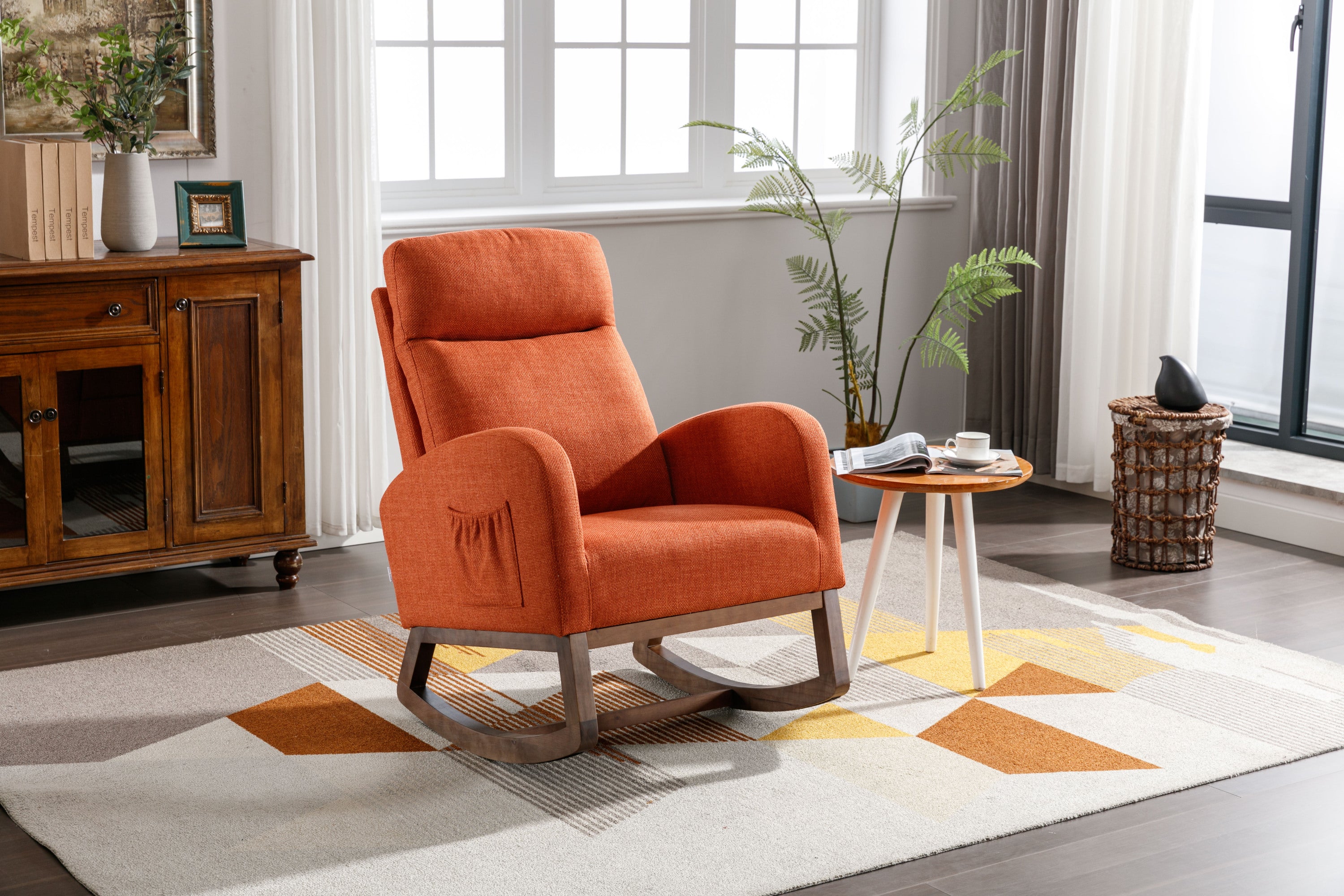 Modern Rocking Chair, Orange Linen Glider Recliner
